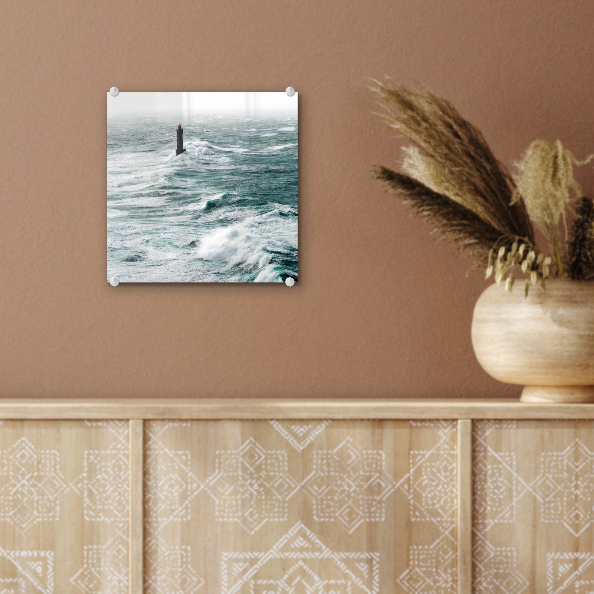 (1 Meer, Golf Glasbilder - - Acrylglasbild Foto St), auf Wandbild - Bilder - Glas Wanddekoration MuchoWow Glas Leuchtturm - auf