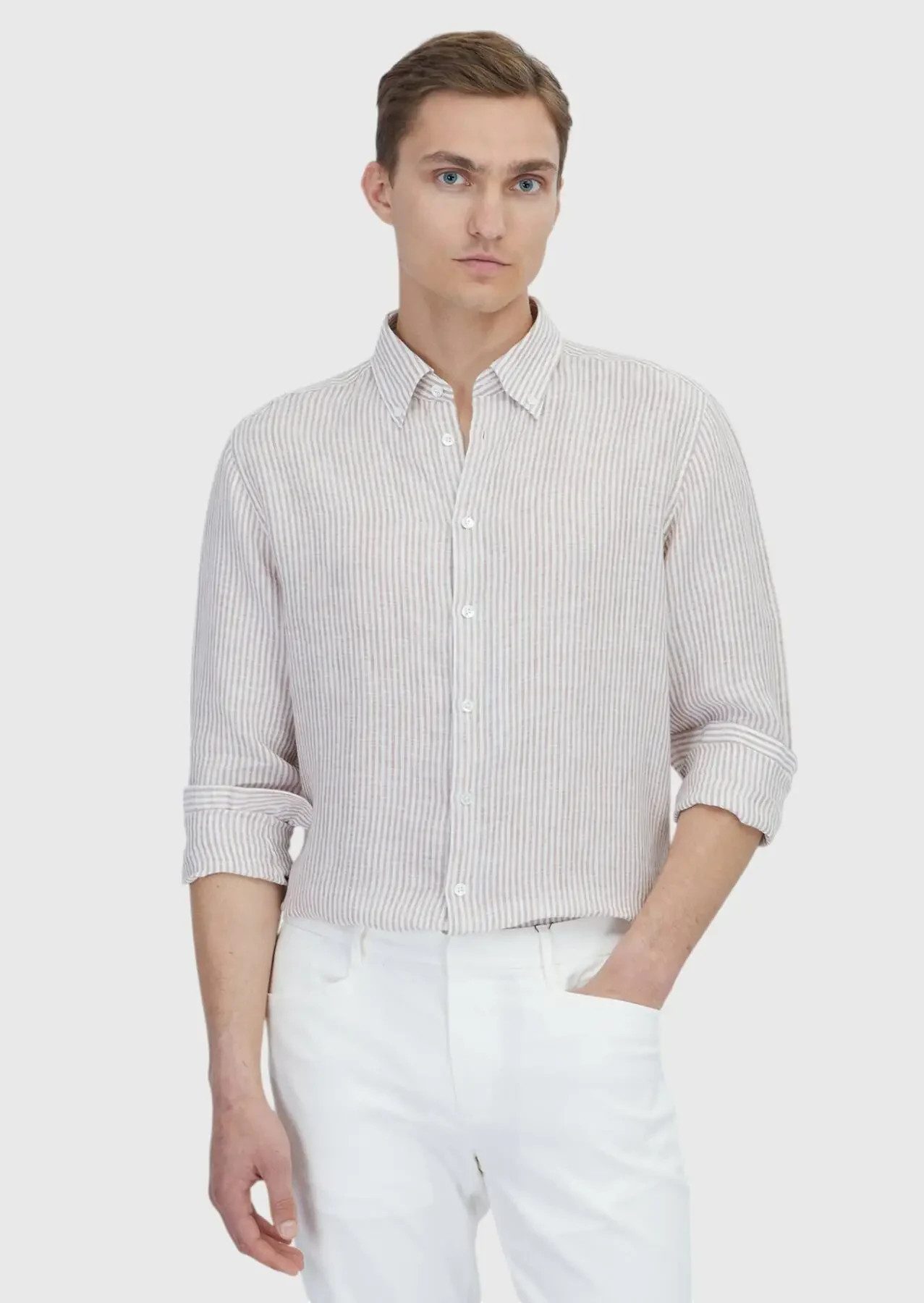 RAMSEY Hemdbluse Rot gestreiftes, bequemes Hemd aus 100 % Leinen