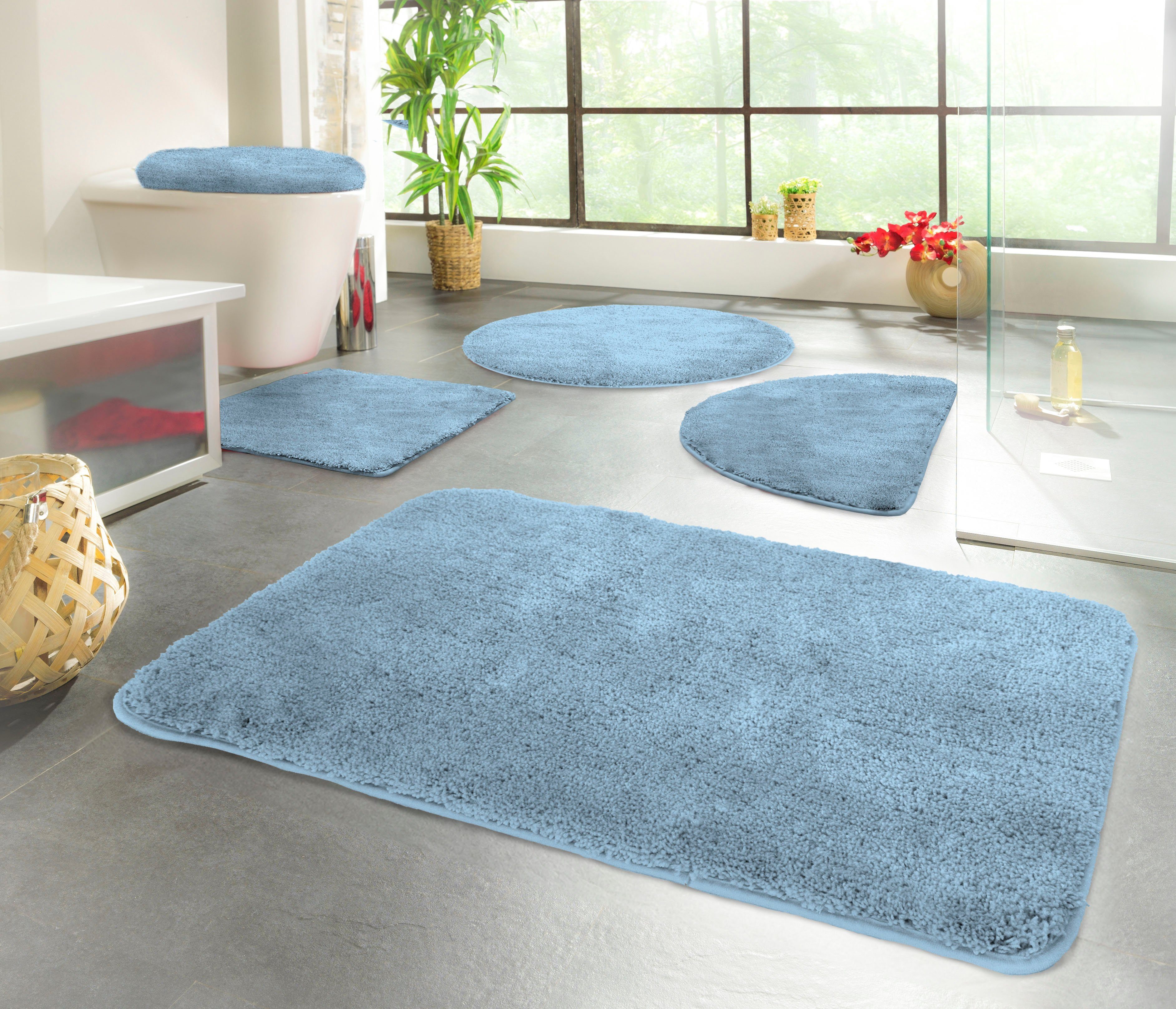 KiNZLER Badematte Chaozhou, Höhe 20 mm, rutschhemmend beschichtet, fußbodenheizungsgeeignet, Polyester, 2-tlg. Stand-WC Set, Badteppich, Uni Farben, weich, als rechteckig, rund & Set erhältlich