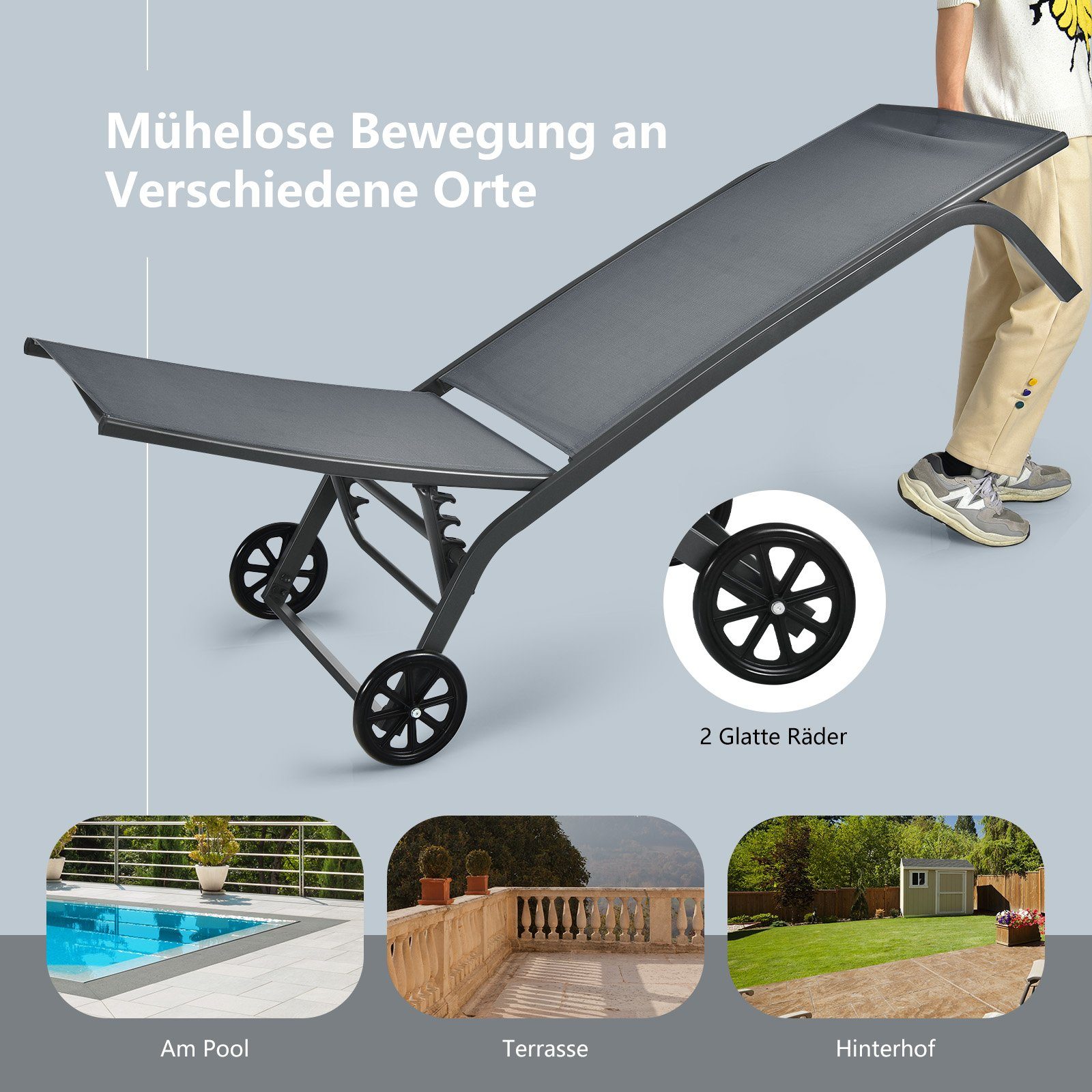 COSTWAY Gartenliege Sonnenliege, mit Rollen, 6-fach verstellbar – Bild 4 von 5