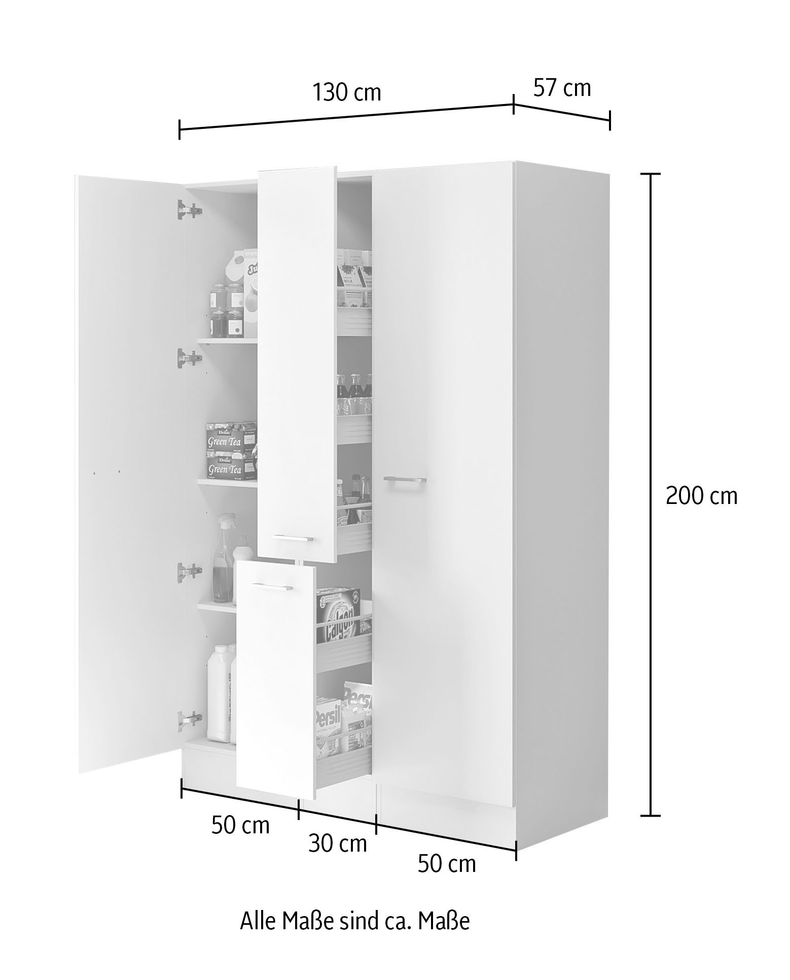 Flex-Well LUCCA multi-purpose cabinet set, 3-piece, for utility room or kitchen..., width 130 cm, (complete set, 3 pieces, consisting of: 2 storage cabinets and 1 pull-out cabinet), combination of 2 storage cabinets and 1 pull-out cabinet