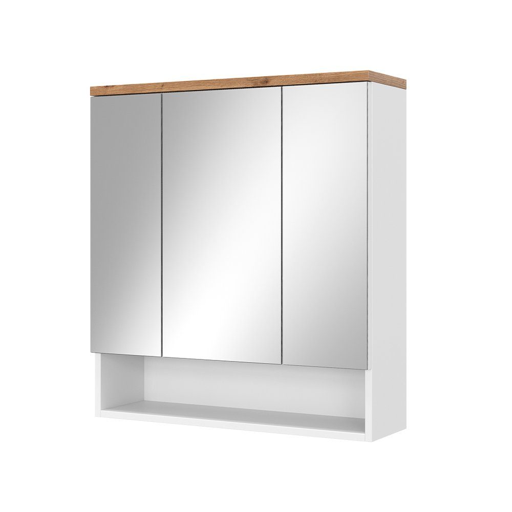 Badezimmerspiegelschrank Eden, Weiß Hochglanz/Artisan-Eiche, 70 x 77.5 cm mit 3 Türen