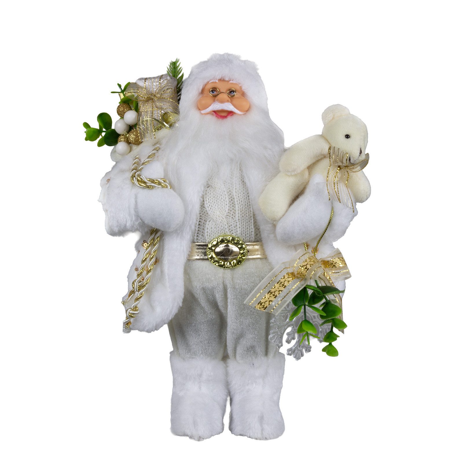 Christmas Paradise Weihnachtsmann stehend 30cm (Santa, 1 St., stehend), weiß-gold mit Teddybär