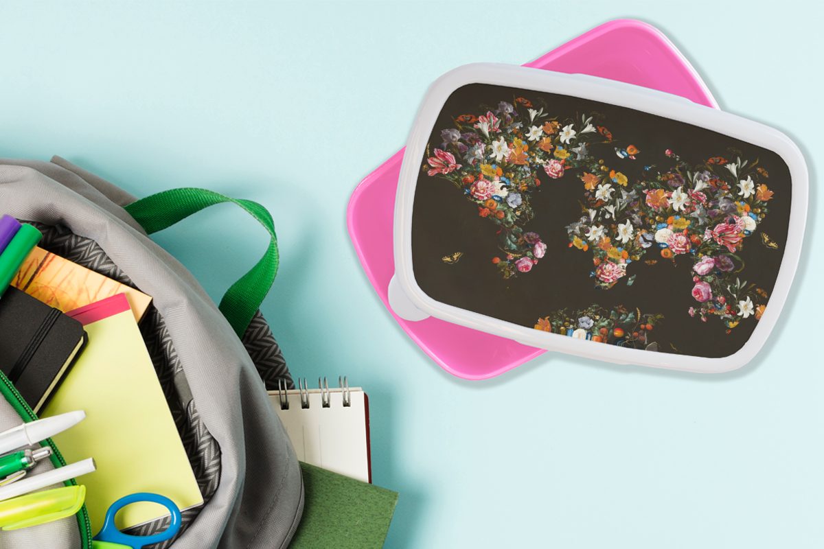 Schwarz, - Lunchbox Erwachsene, Brotbox Snackbox, Brotdose Blumen Weltkarte rosa Schmetterling - Kunststoff Mädchen, Kunststoff, - MuchoWow Kinder, für (2-tlg),