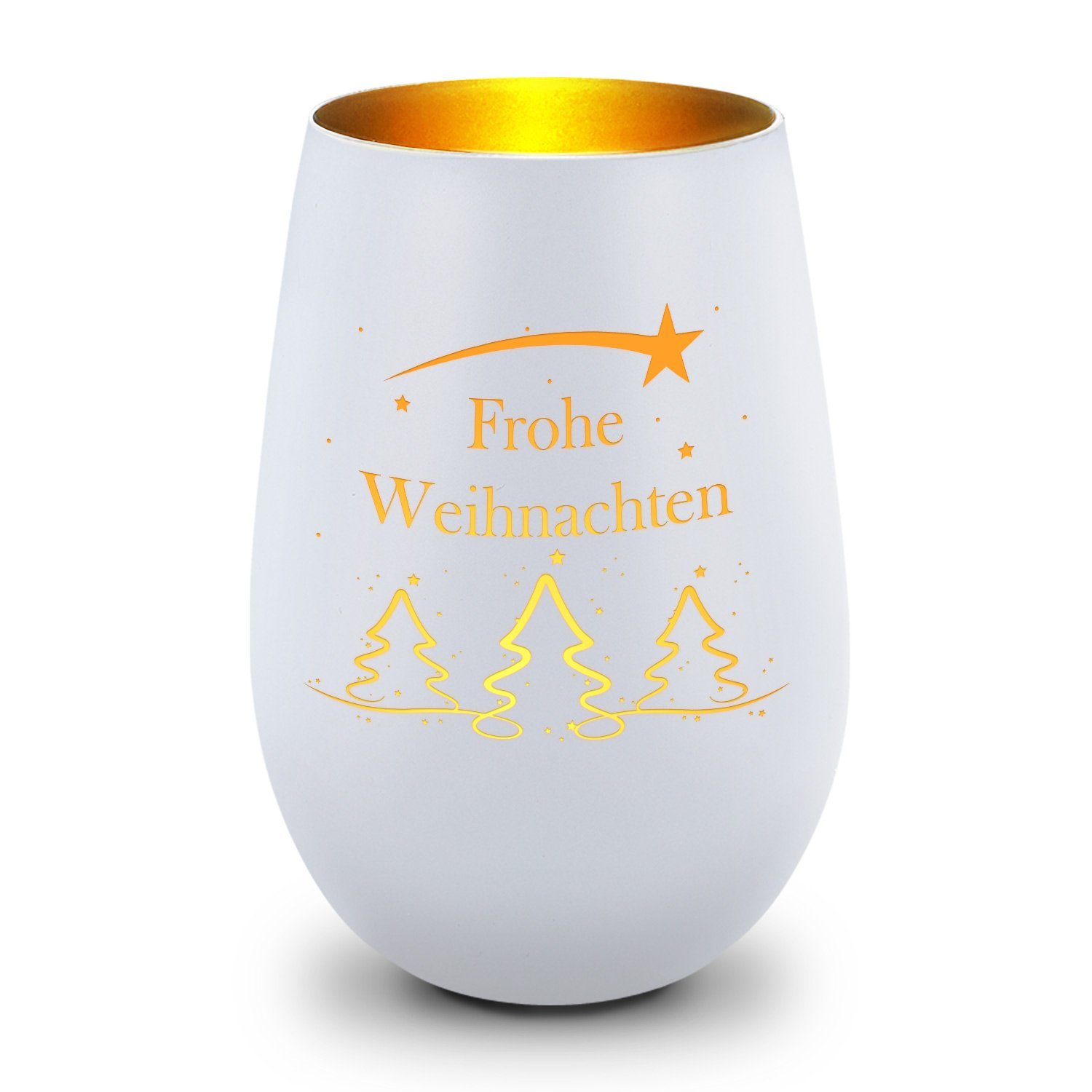 GRAVURZEILE Windlicht aus Glas mit Gravur - Tannenbaum - Weihnachtsdeko zum Verschenken (Weiß/Gold), Geschenke für Frauen und Männer zum Geburtstag und weitere Anlässe