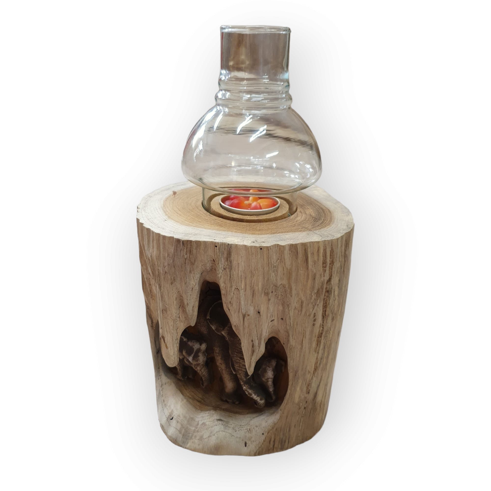 Kinaree Teelichthalter Holz Windlicht mit Elefanten, Akazien Massivholz, inkl. Glasaufsatz, Schnitzerei