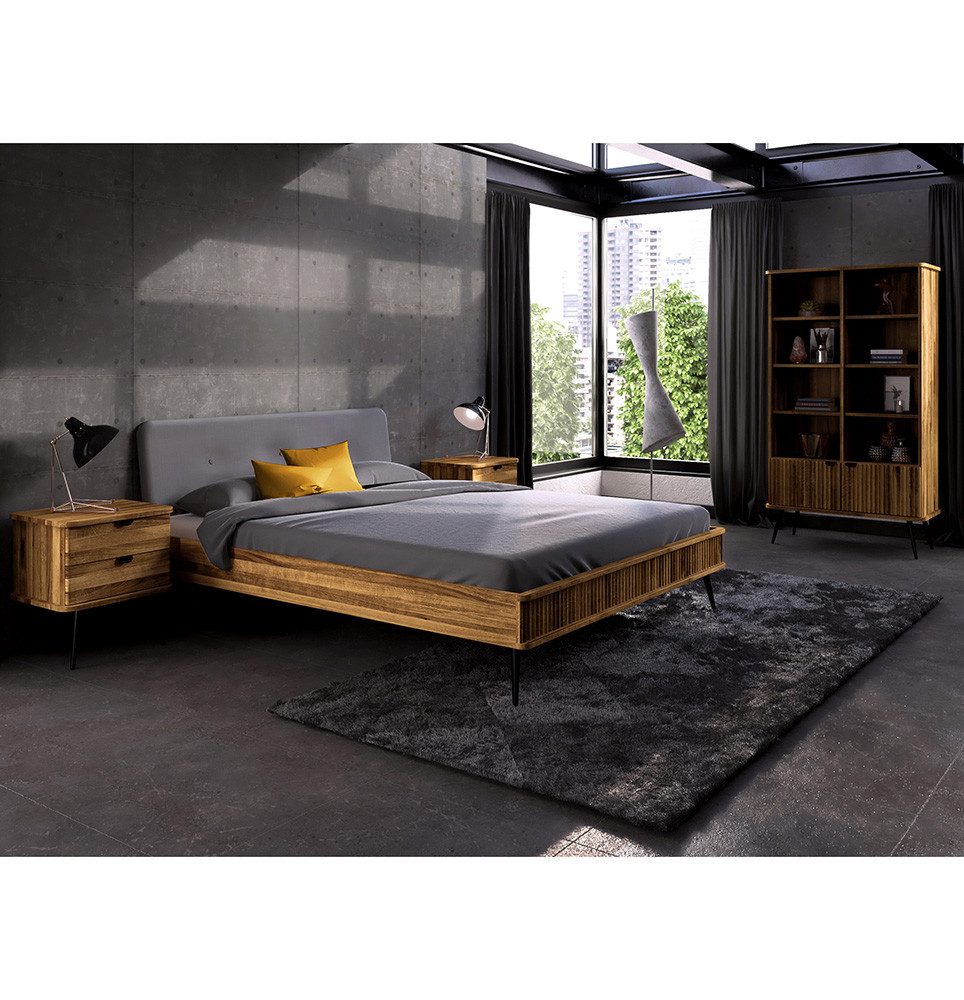 Lomadox Schlafzimmer-Set KABALA-165, (Spar-Set, 4-tlg., Bettgestell Bücherregal Nachttische), in Eiche massiv geölt, teilmontiert, gerillte Front