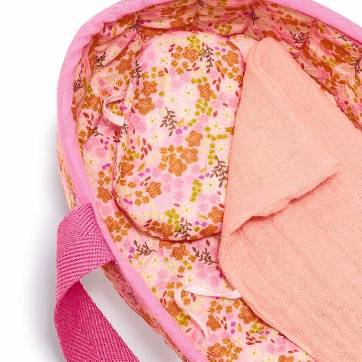 DJECO Babypuppe Pomea Mini-Puppe Barbara mit weichem Körper und Babykörbchen, 20 cm