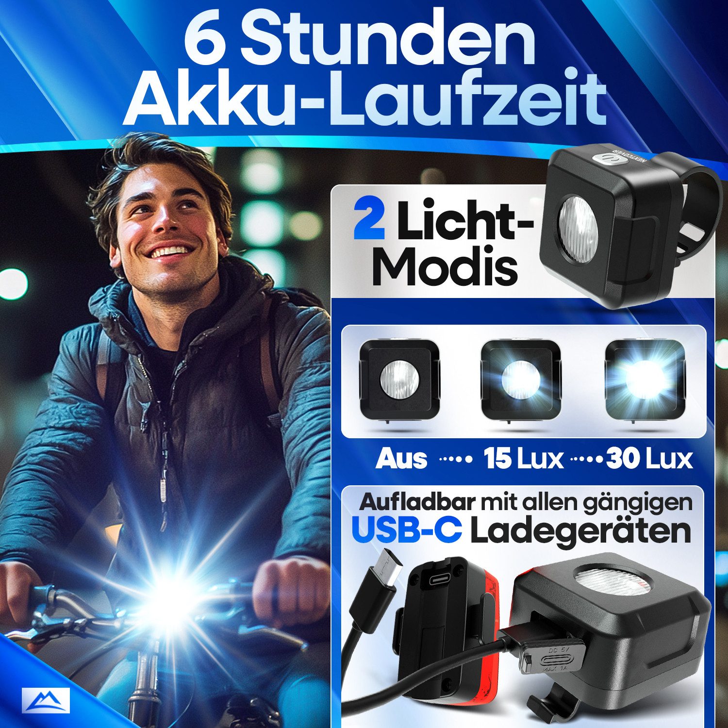 Nextcover Fahrradbeleuchtung NEXTCOVER® VisionOne Fahrradlicht Set mit LED & 6h Akkulaufzeit