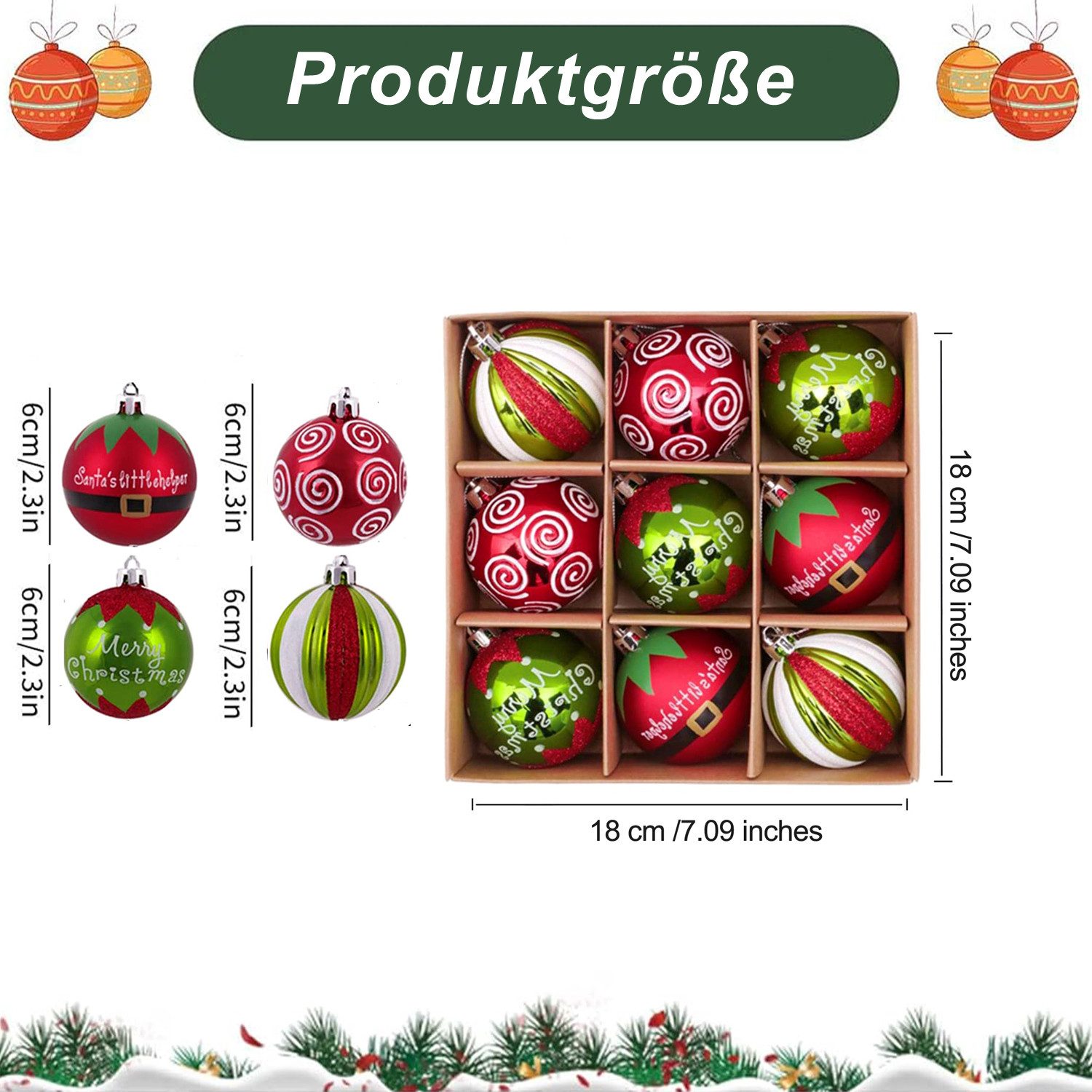 Coonoor Weihnachtsbaumkugel 9-teilige Weihnachtsdekor-Kugeln, Weihnachtsbaum-Hänge-Dekoration