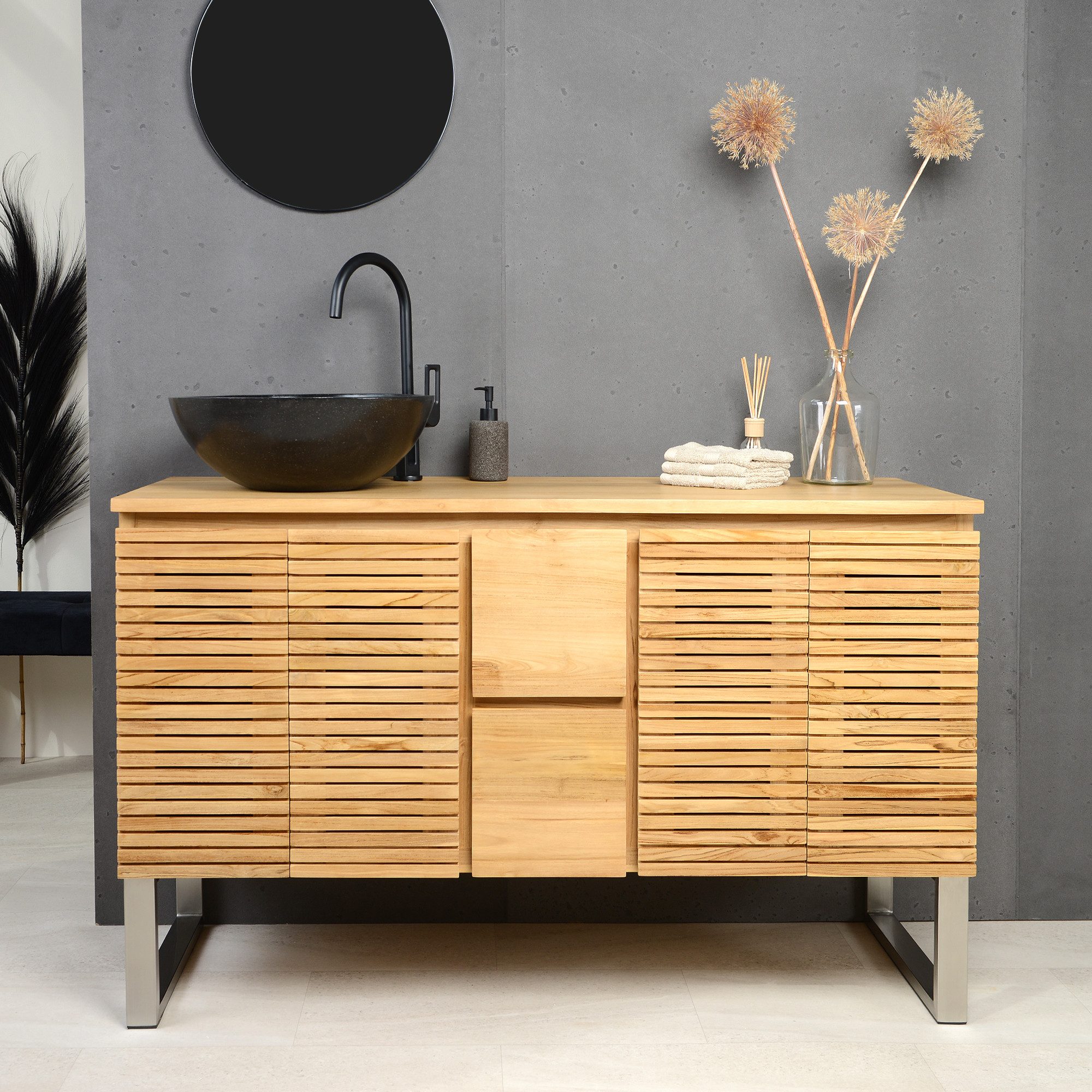 wohnfreuden Waschbeckenunterschrank Waschtisch-Unterschrank SHADE 140 cm breit aus Teakholz