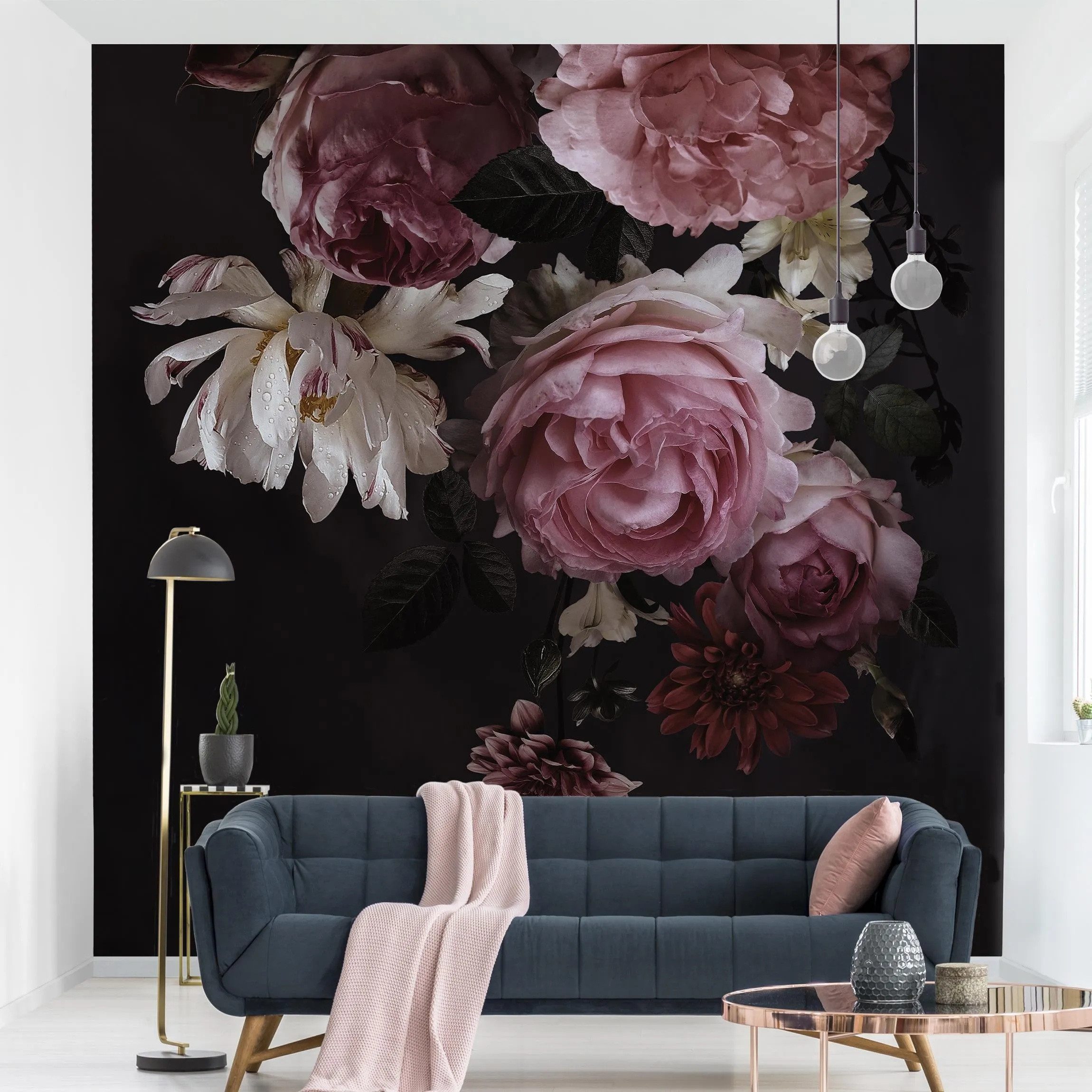 Bilderdepot24 Vliestapete Vintage Rosa Blumen Schwarz Vintage Landhausstil Modern Wanddeko, Glatt, Matt, (Vliestapete inkl. Kleister oder selbstklebend), Wohnzimmer Schlafzimmer Küche Flur Fototapete Motivtapete Wandtapete