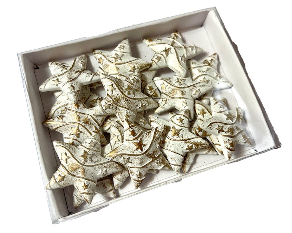 H-Erzmade Konfetti Polyresin-Sterne, ca. 32 mm, 18 Stück weiß-gold