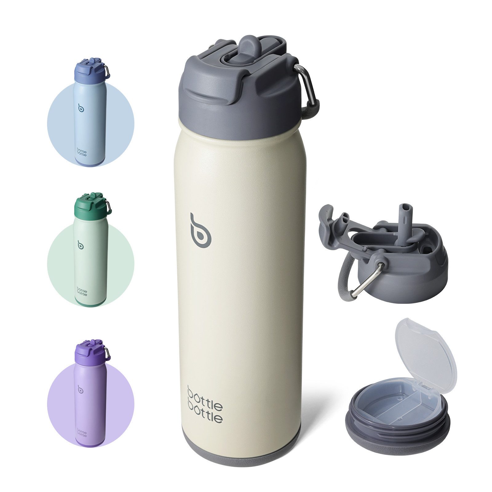 BOTTLE BOTTLE Trinkflasche Edelstahl Trinkflasche 24oz(709ml) mit Strohhalm Griff und Pillenfach, für Outdoor Schule, isolierte sportflasche