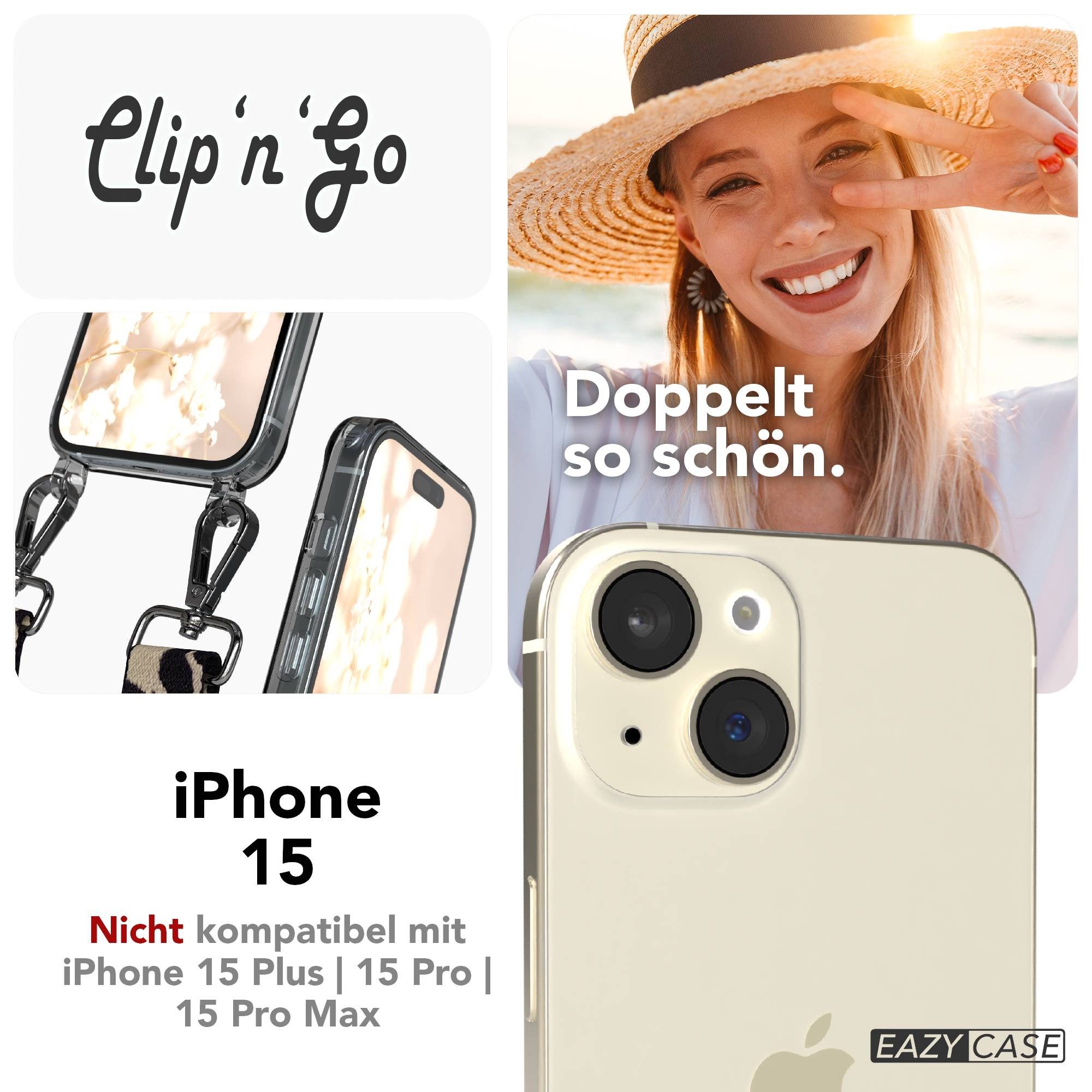 EAZY CASE Handykette Umhängeband MagSafe Hülle für Apple iPhone 15 6,1 Zoll, Hülle mit MagSafe Handykette Camouflage Alltags Crossbody Taupe