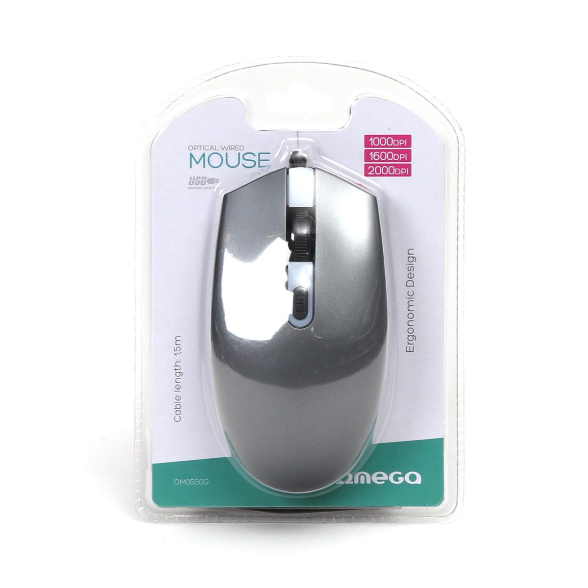 Omega OM0550G Maus (USB, kabelgebunden, Drei DPI-Stufen bis 2000 DPI und 4 Tasten)