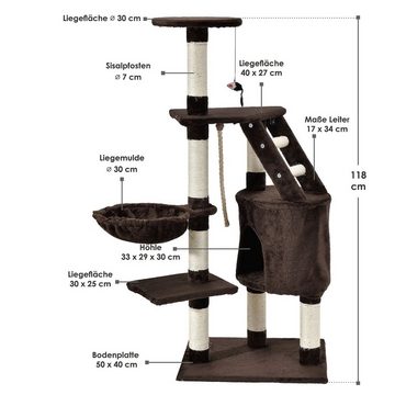 Juskys Kratzbaum Buffy, 118 cm hoch mit Höhle, Liegemulde, Liegeflächen, Leiter, Sisal-Stämme