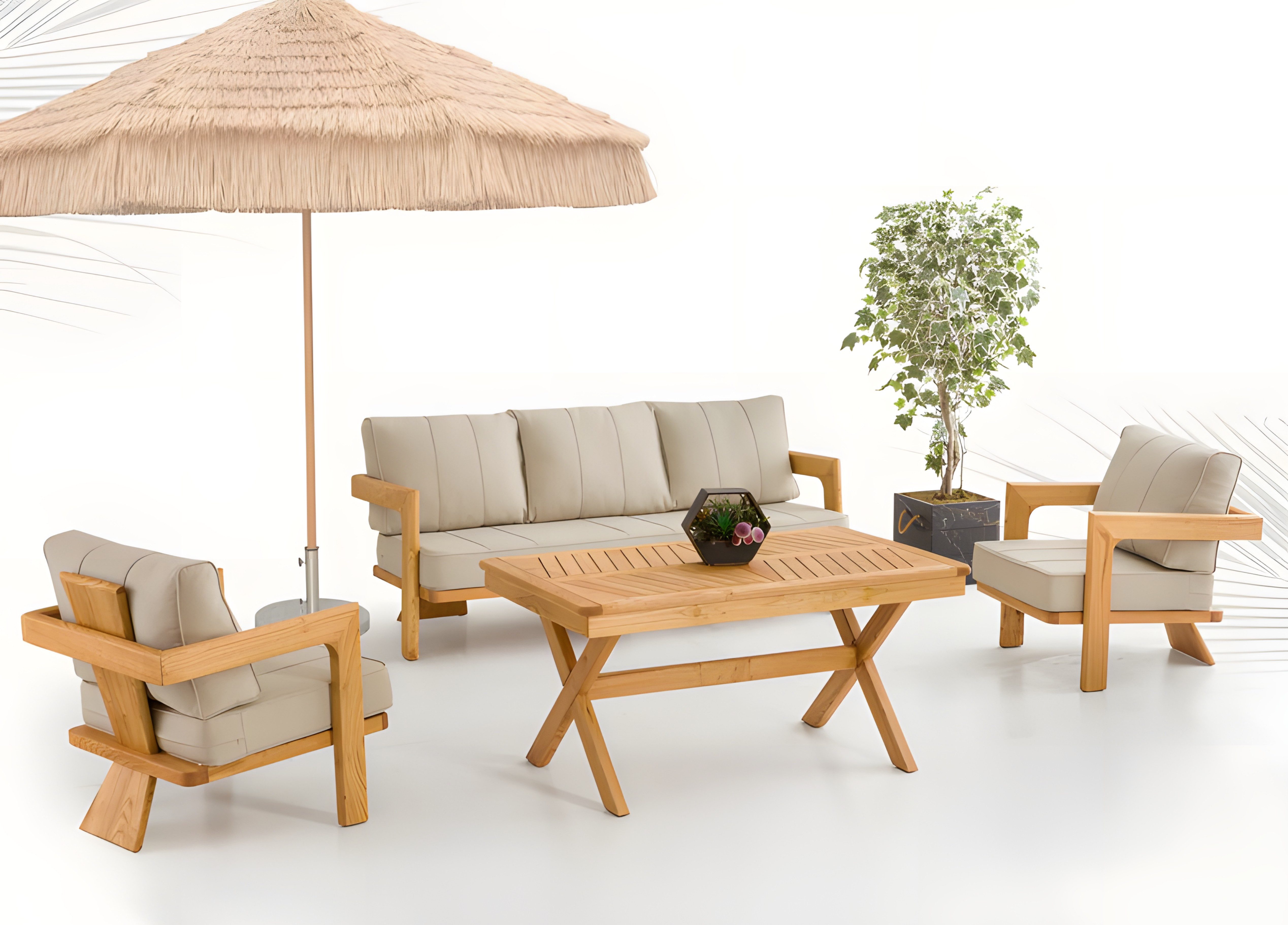 Xlmoebel Gartenlounge-Set Gartenmöbel Set Holz Textil Beige, modern, robust, (Gartenmöbel-Set, 4-tlg., 3-Sitzer Sofa; 2x Sessel; Esstisch), Made in Europa