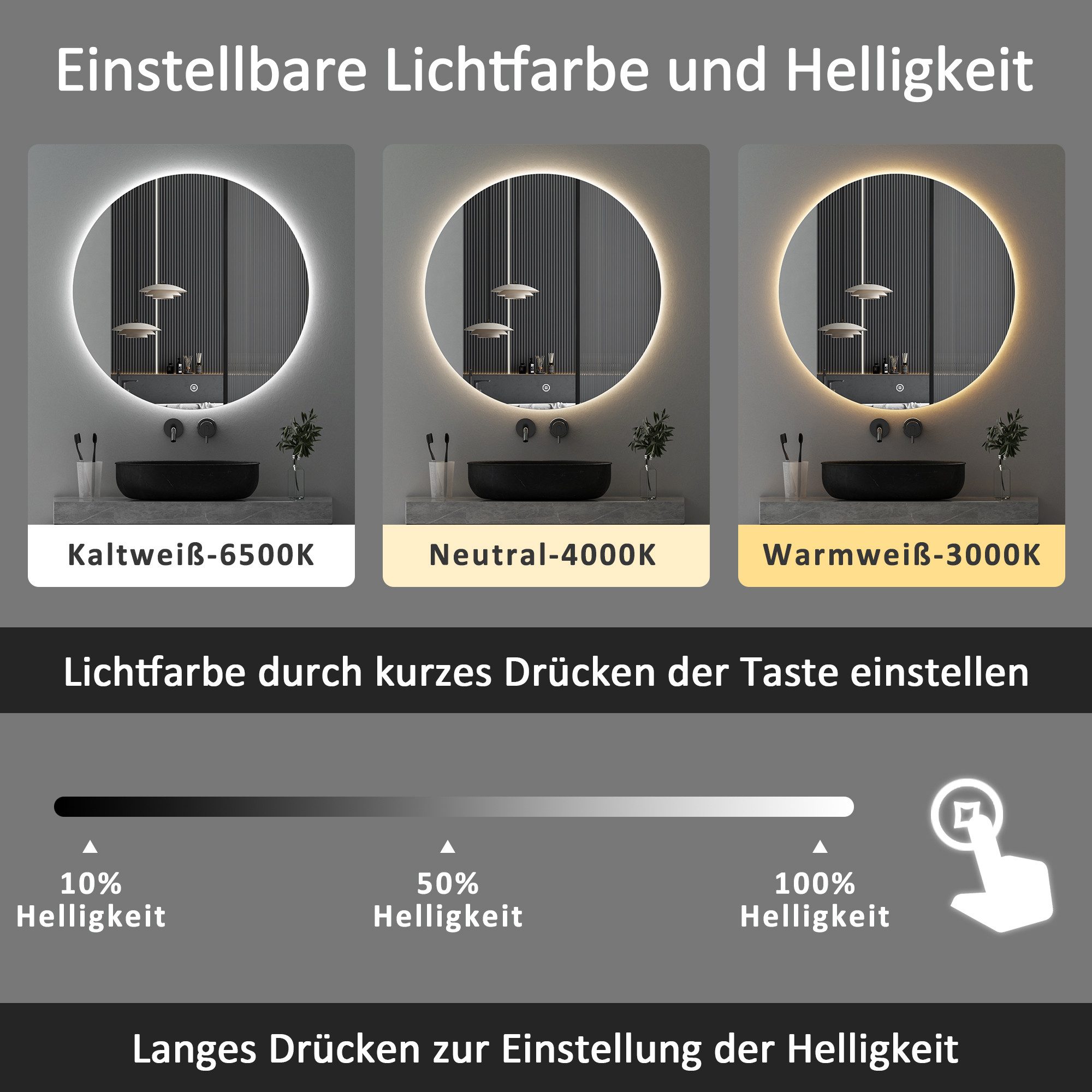 WDWRITTI Badspiegel Rund 80cm mit beleuchtung LED Spiegel Bad groß (Rundspiegel 80x80cm, 3Lichtmodi, Dimmbar, Speicherfunktion, Touch), LED Kosmetikspiegel – Bild 3 von 5