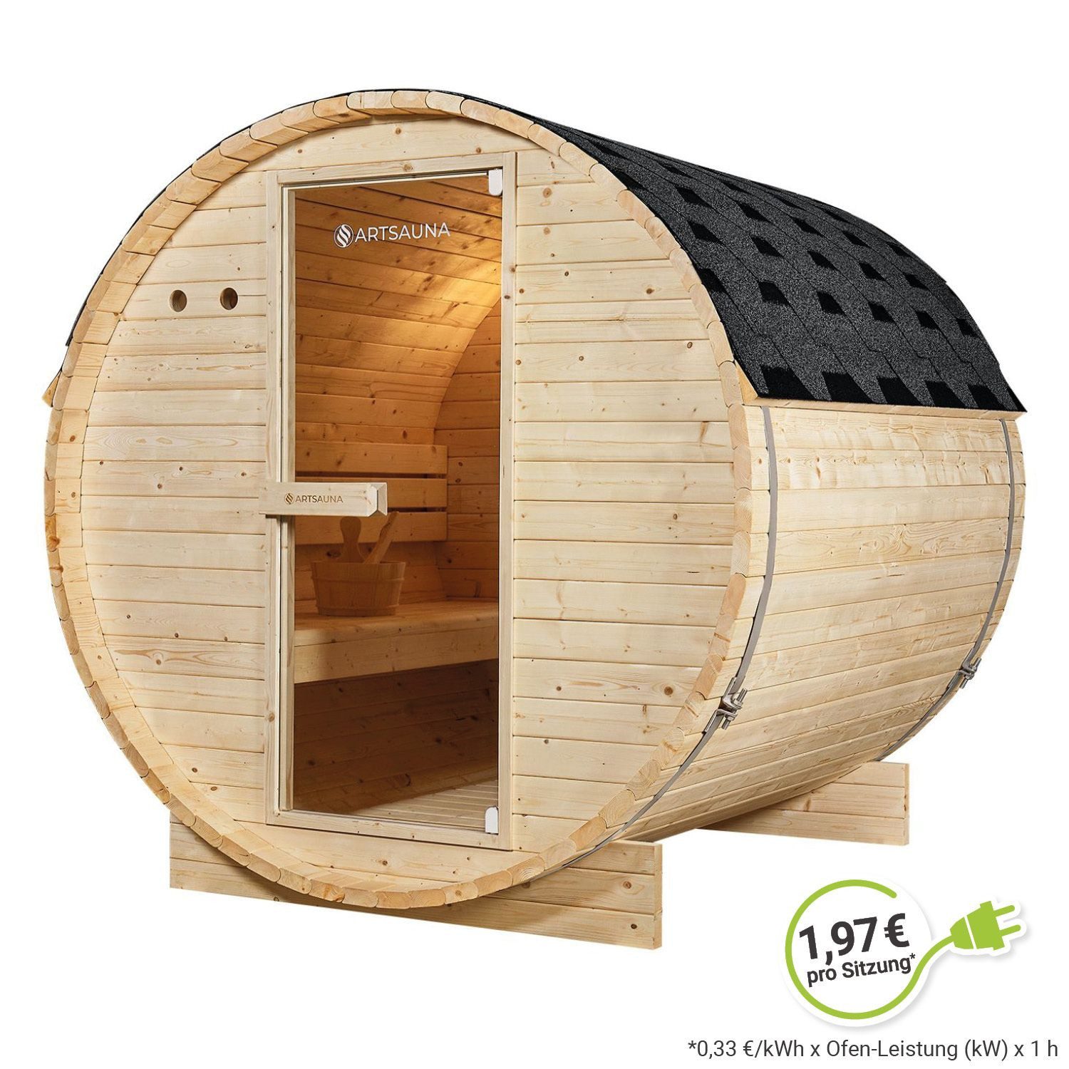 Artsauna Fasssauna Spitzbergen 180, BxTxH: 191 x 180 x 193 cm, für 4 Personen, Fichtenholz, 6 kW Elektro-Ofen, Komplett-Set