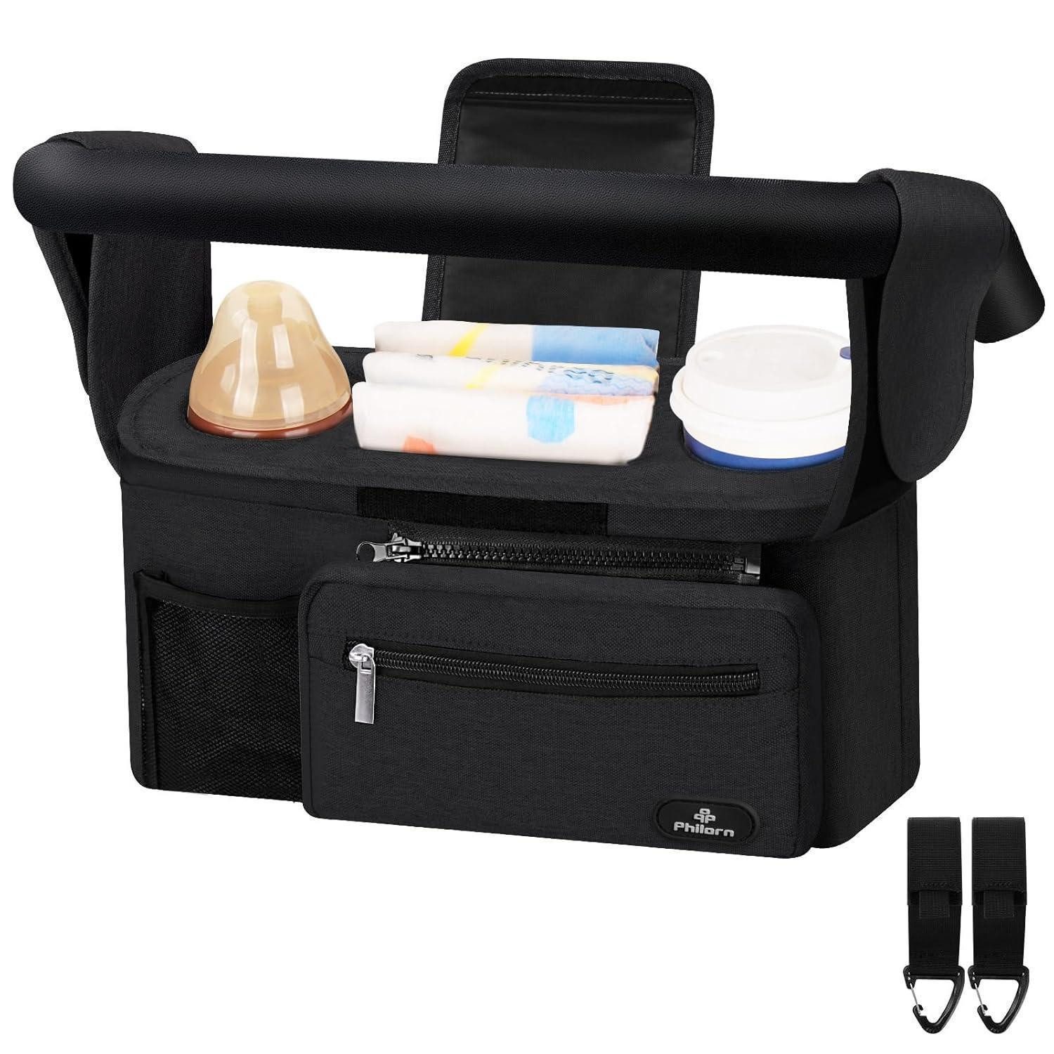 Kinderwagen-Tasche Kinderwagen Organizer Buggy Getränkehalter Stauraum Handy Schwarz