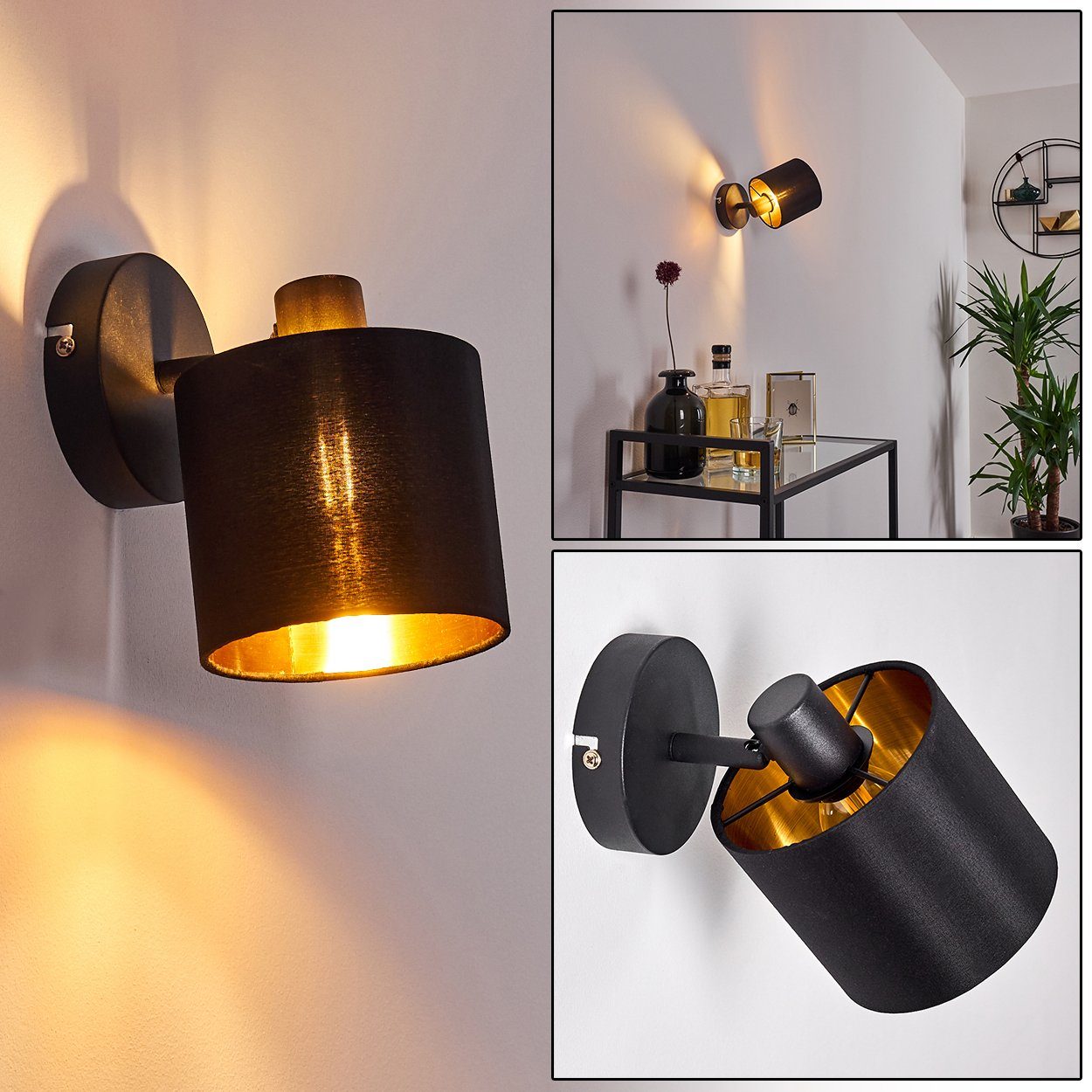 hofstein Wandleuchte »Costa« Wandlampe aus Metall/Stoff in Schwarz/Gold, ohne Leuchtmittel, 3000 Kelvin, 1xE14, verstellbarer Wandspot mit Stoff-Schirm im Retro/Vintage-Desgin