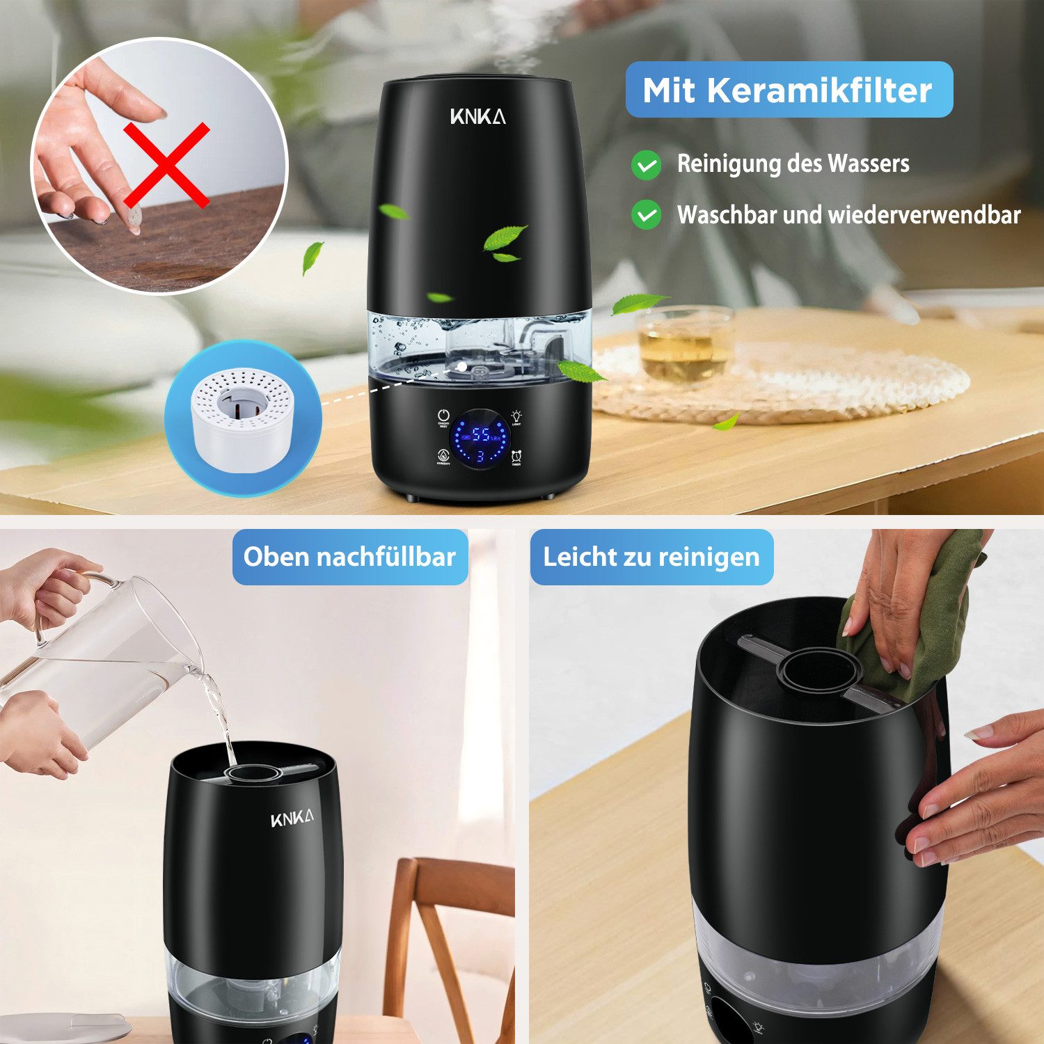 KNKA Luftbefeuchter mit integriertem LED-Farbenlicht und Aromatherapie-Funktion