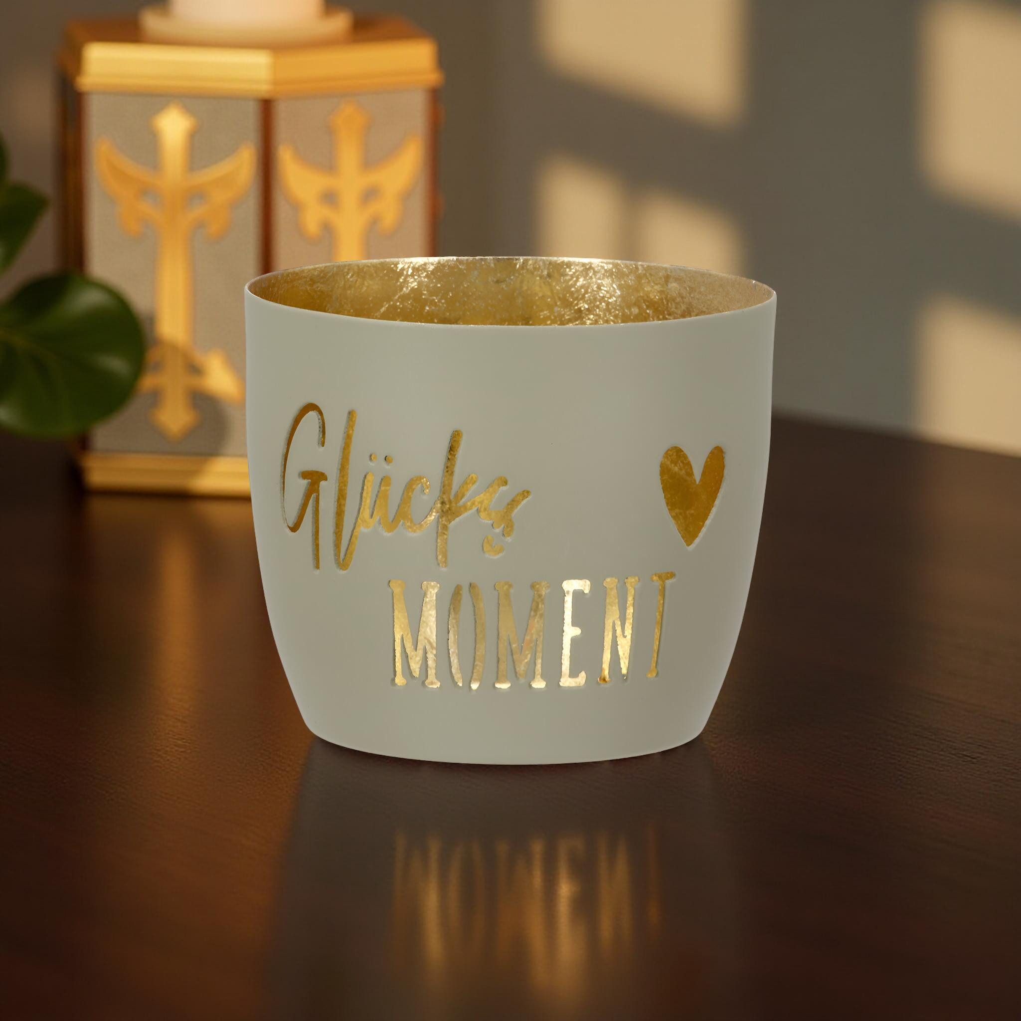 GILDE Teelichthalter Windlicht Glücksmoment 8.5 cm creme (Einzelartikel, 1 St)
