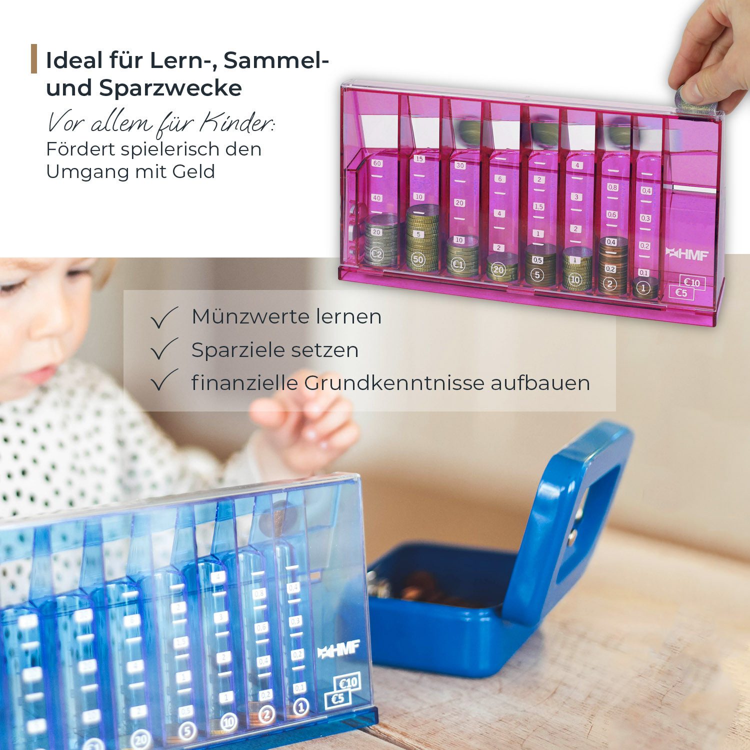 HMF Spardose Münzzähler mit automatischer Sortierung zur Kleingeld Aufbewahrung, Münzsortierer mit Werteskala als Spardose Kinder, 24 x 12 x 5 cm Pink – Bild 4 von 5