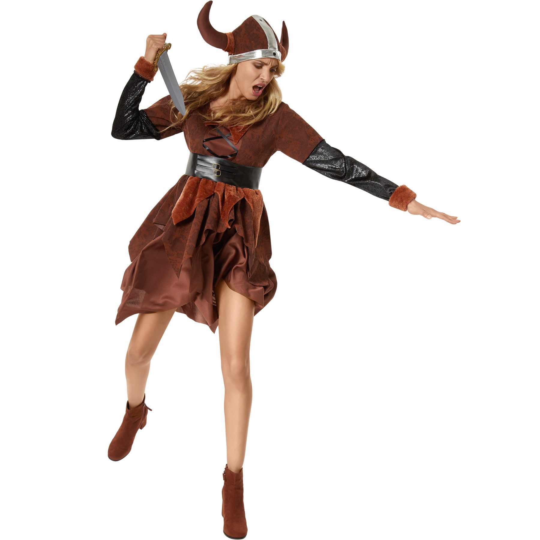 dressforfun Wikinger-Kostüm Damenkostüm, Knielanges Kleid mit passenden Accessoires.