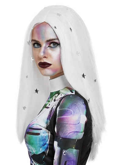 Smiffys Kostüm-Perücke Spacegirl Perücke - weiß, mit Sternen, Cosmic Wig: lange, schneeweiße Haare mit silbernen Akzenten