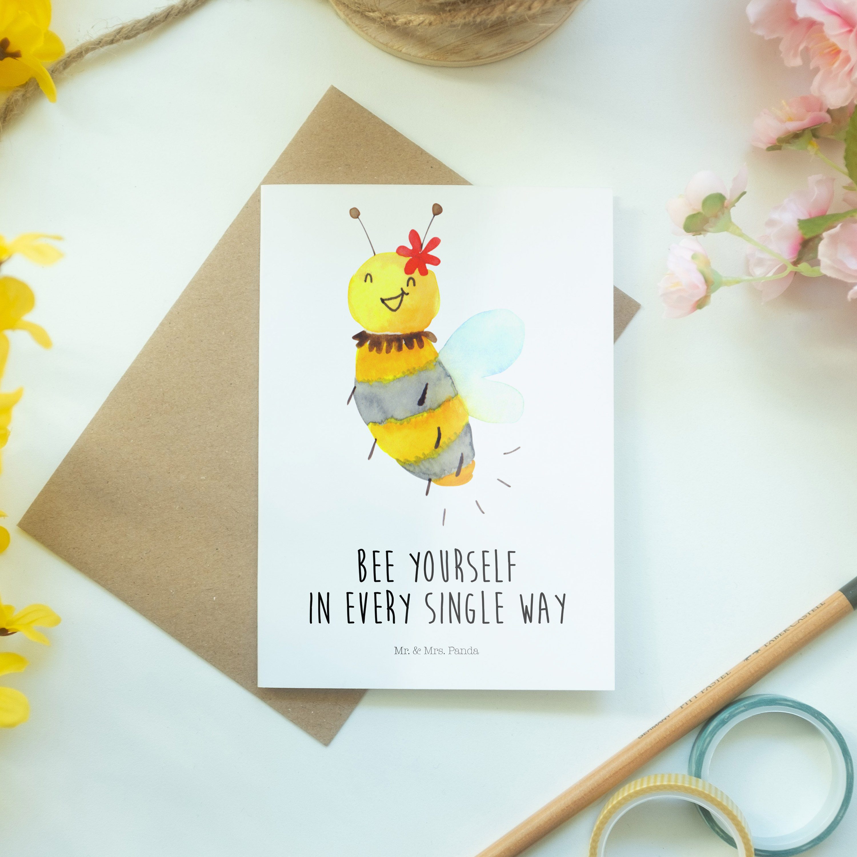 Mr. & Mrs. Panda Geschenk, Klap Glückwunschkarte, Blume - Weiß Hochzeitskarte, - Biene Grußkarte