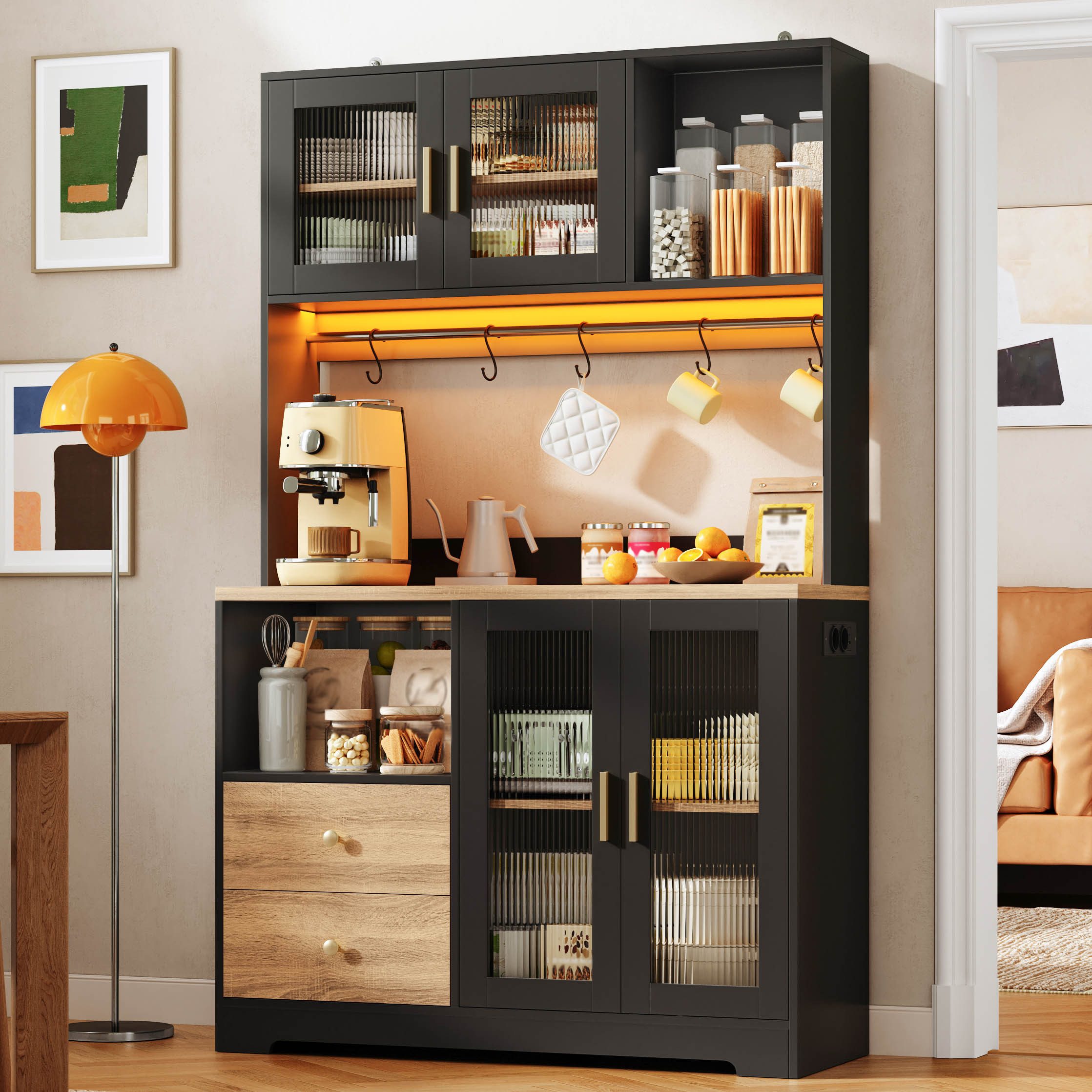 Flieks Küchenbuffet Hochschrank mit Arbeitsplatte in Holzoptik, Steckdose, LED-Beleuchtung (B110/T40/H178 cm, 1-St., Multifunktionsschrank mit Haken, Ladenfunktion) Küchenschrank Mehrzweckschrank mit Glastür, verstellbarer Ablagen