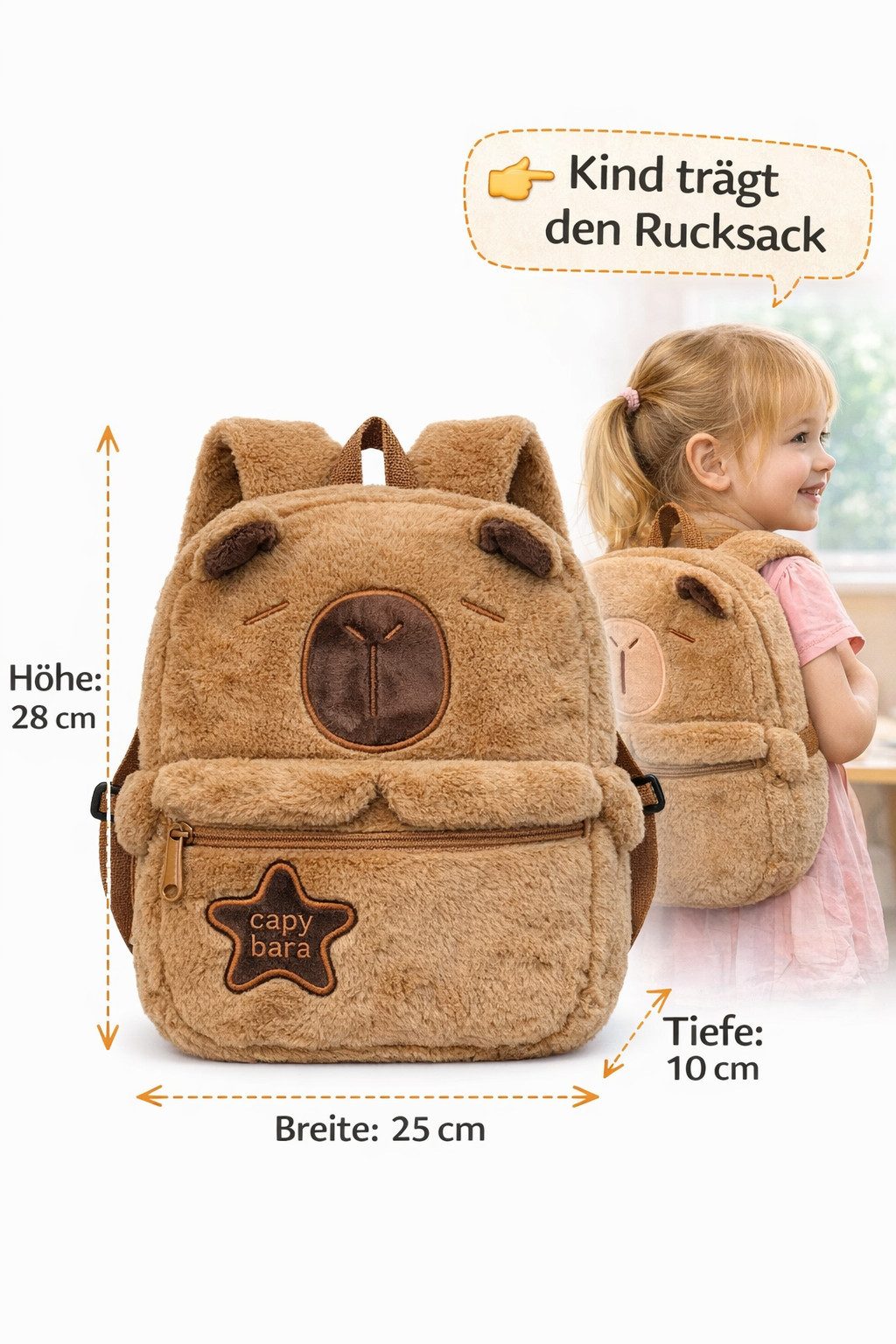 soma Schulrucksack Plüsch Kinder Rucksack Capybara braun mit Frontfach Reißverschluss (Set, 1-tlg., Geschenk-Set), Flauschiger Kinder Rucksack mit Capybara Motiv und zwei Fächern