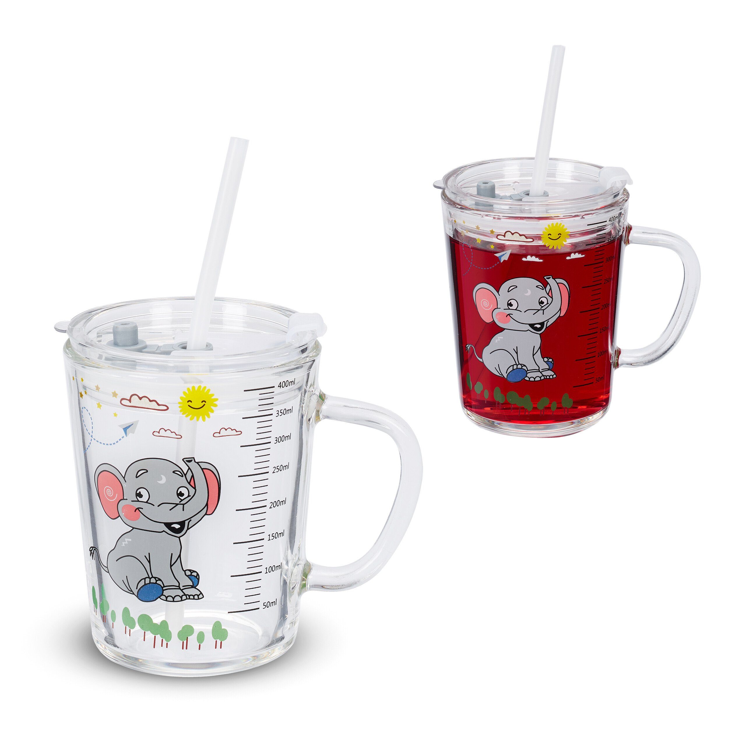 relaxdays Kinderbecher 2er Set Kindergläser mit Elefantenmotiv, Glas