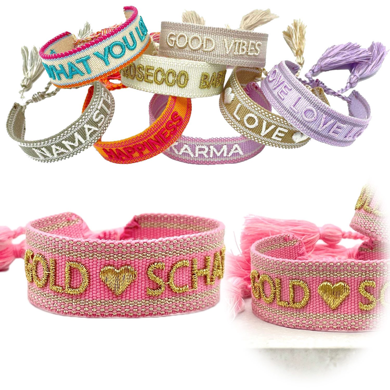 LS-LebenStil Armband Canvas Statement Armband Goldschatz Rose Gold Quasten bestickt (Baumwollarmband Webarmband Armbandliebe Freundschaftsarmband Freundschaftsband Partnerarmband, 1-tlg., textil geflochten gewebt - hochwertiger gestickter Spruch), perfekt als Serviettenring – personalisiert auch für Hochzeiten usw