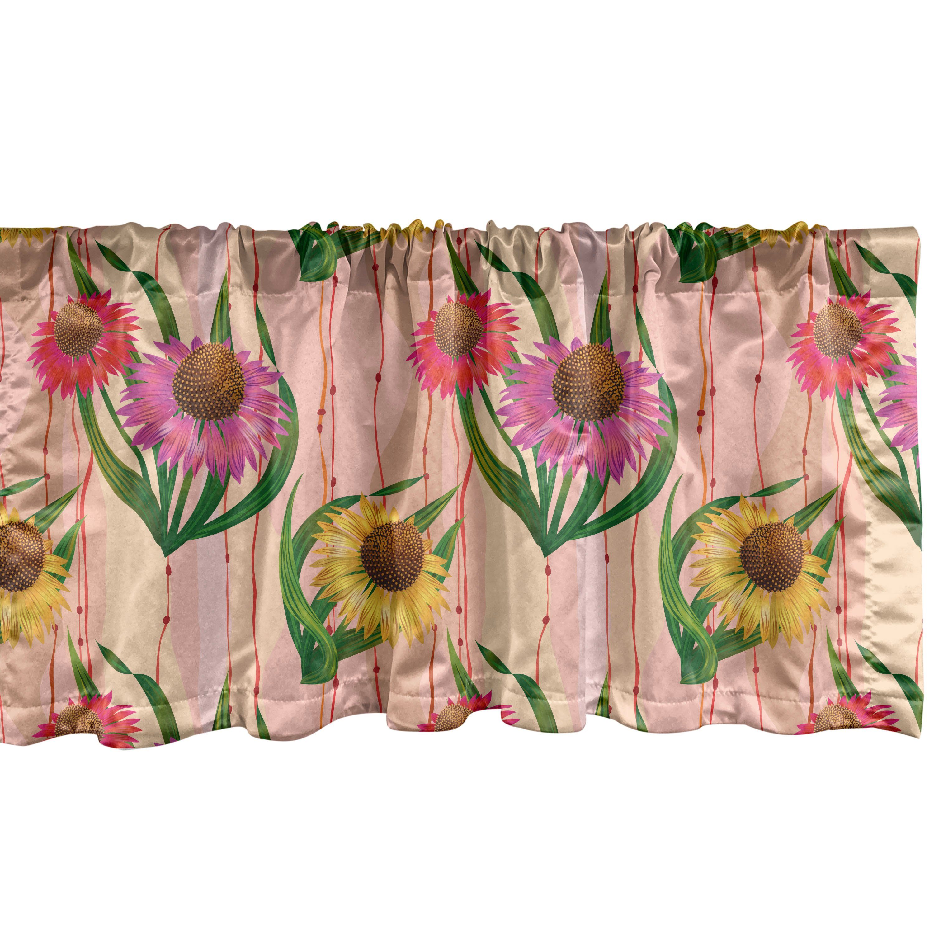 Scheibengardine Vorhang Volant für Küche Schlafzimmer Dekor mit Stangentasche, Abakuhaus, Microfaser, Sonnenhut Botanik-Streifen Blumen