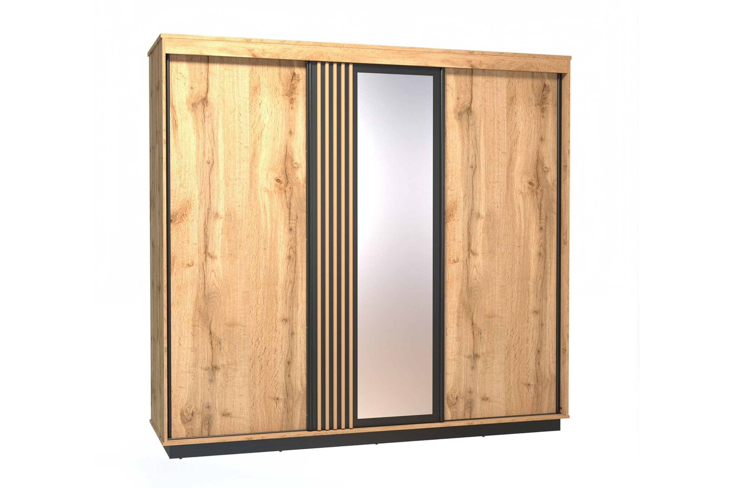 Deine Möbel 24 Schwebetürenschrank LAMI 19 Kleiderschrank 240 cm, mit Spiegel (Viel Stauraum für Kleidung, Schuhe, Taschenи больше, 1-St., ideal für Schlafzimmer, Flur, Garderobe) Schrank mit Spiegel in Wotan Eiche & Schwarz Matt & Lamellen