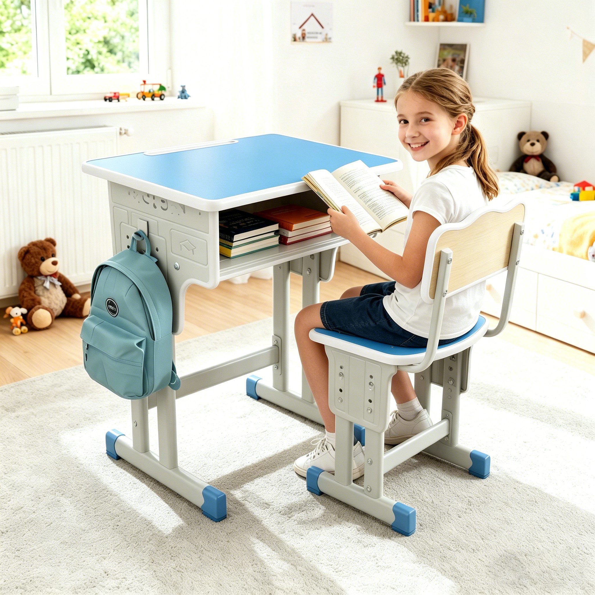 BBG Kinderschreibtisch Höhenverstellbares Kinder Schreibtisch Set mit Stuhl (Ergonomischer Lerntisch 60x40 cm, 4-Stufen Höhenverstellung, Ein Tisch, ein Stuhl), – Bild 4 von 5