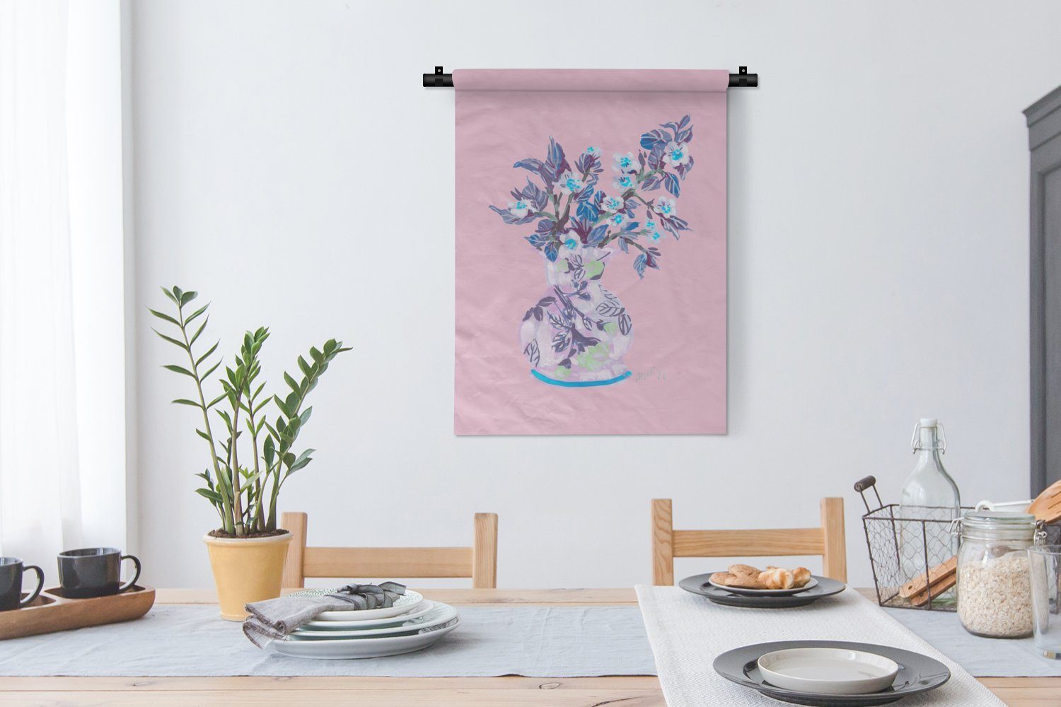 für der Wand, Wanddekoobjekt - Deko Pflanzen, Wohnzimmer, Blumen - Schlafzimmer - Tapisserie, MuchoWow Vase an Rosa