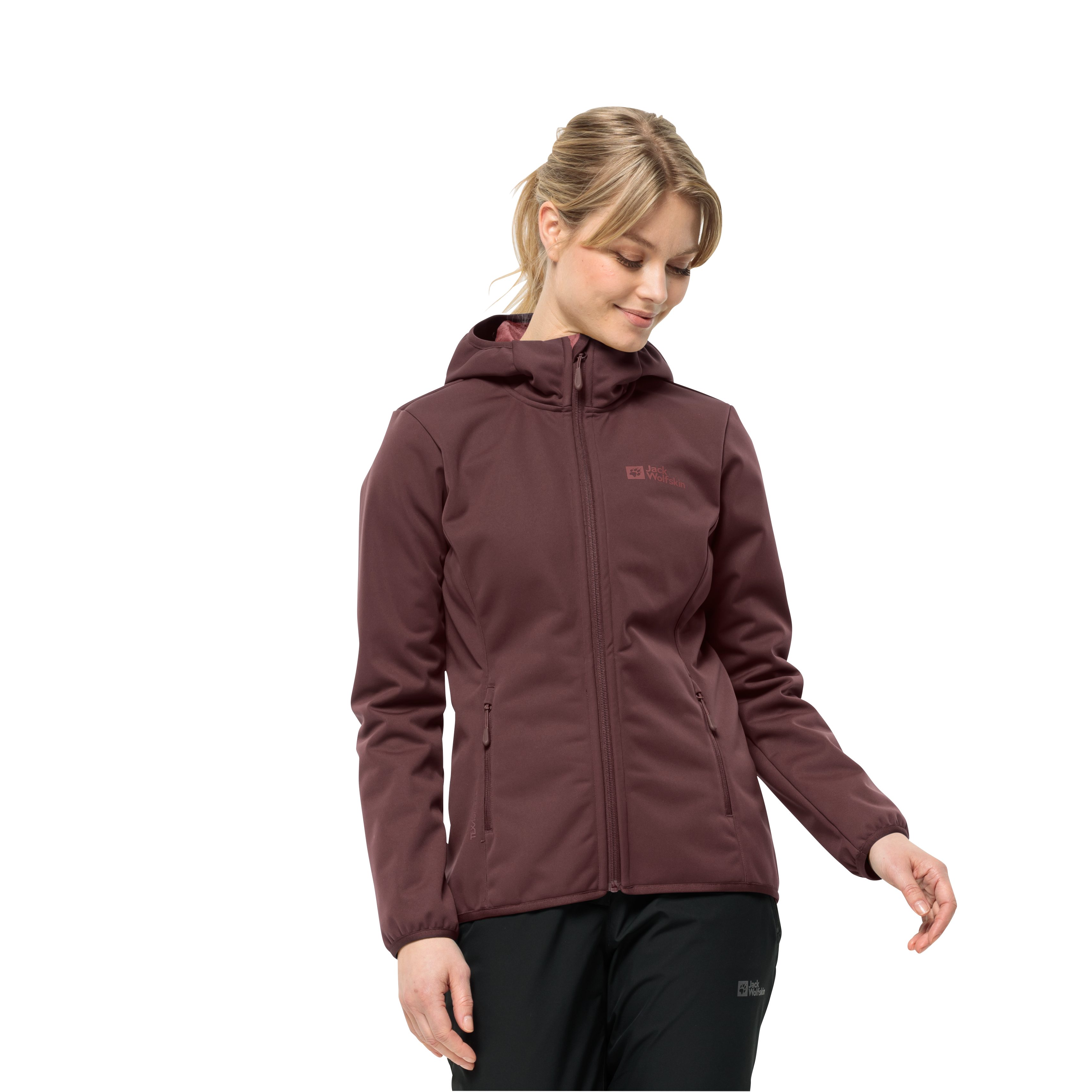 Jack Wolfskin Softshelljacke WINDHAIN HOODY W schnell trocknend & atmungsaktiv & wärmend dark maroon