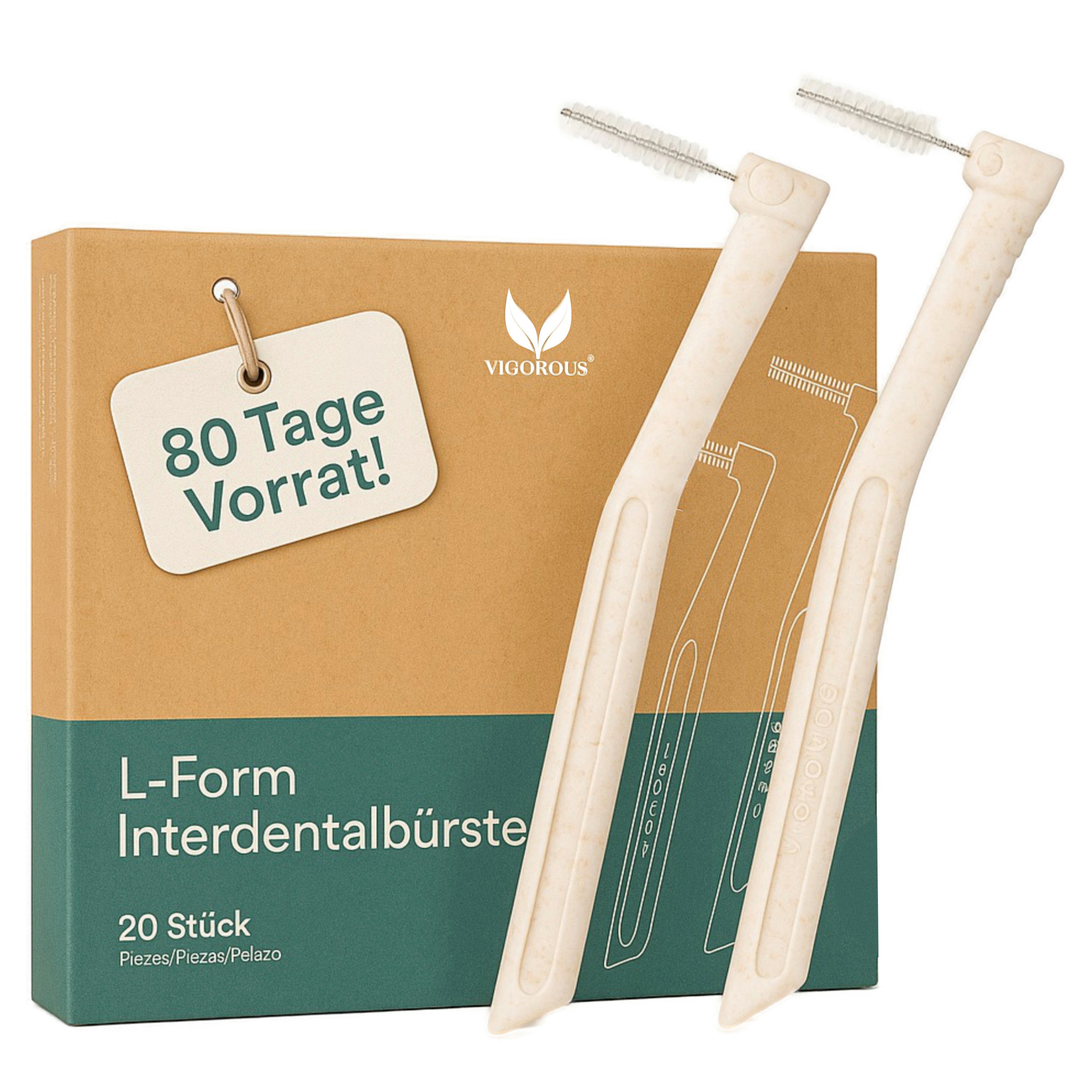 Vigorous Cosmetics Interdentalbürsten L-Form Interdental Brushes, Plastikfreie Verpackung & Vorrat für über 80 Tage