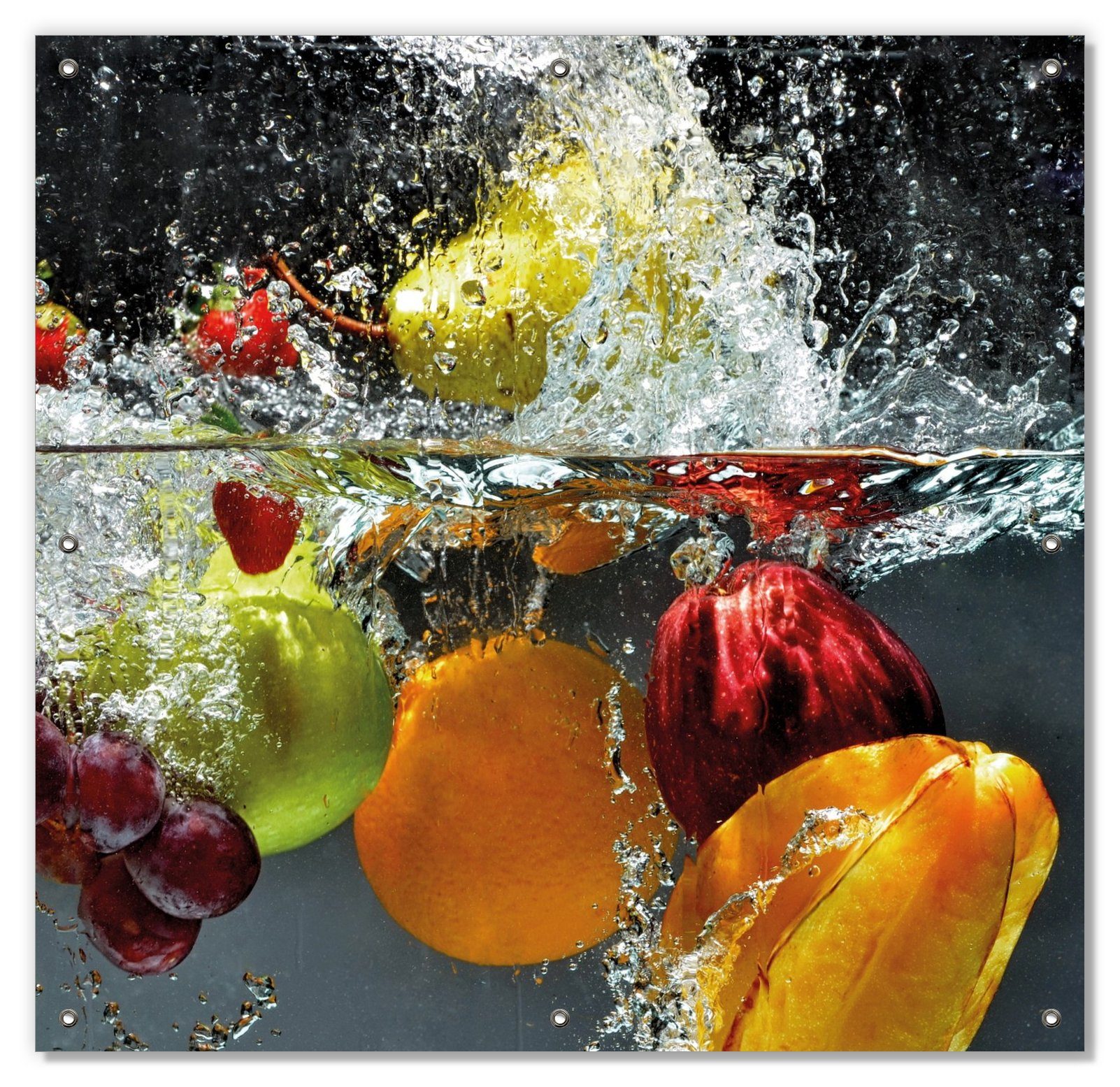 Sonnenschutz Früchte im und unter Wasser - Splashing Fruits, Wallario, blickdicht, mit Saugnäpfen, wiederablösbar und wiederverwendbar