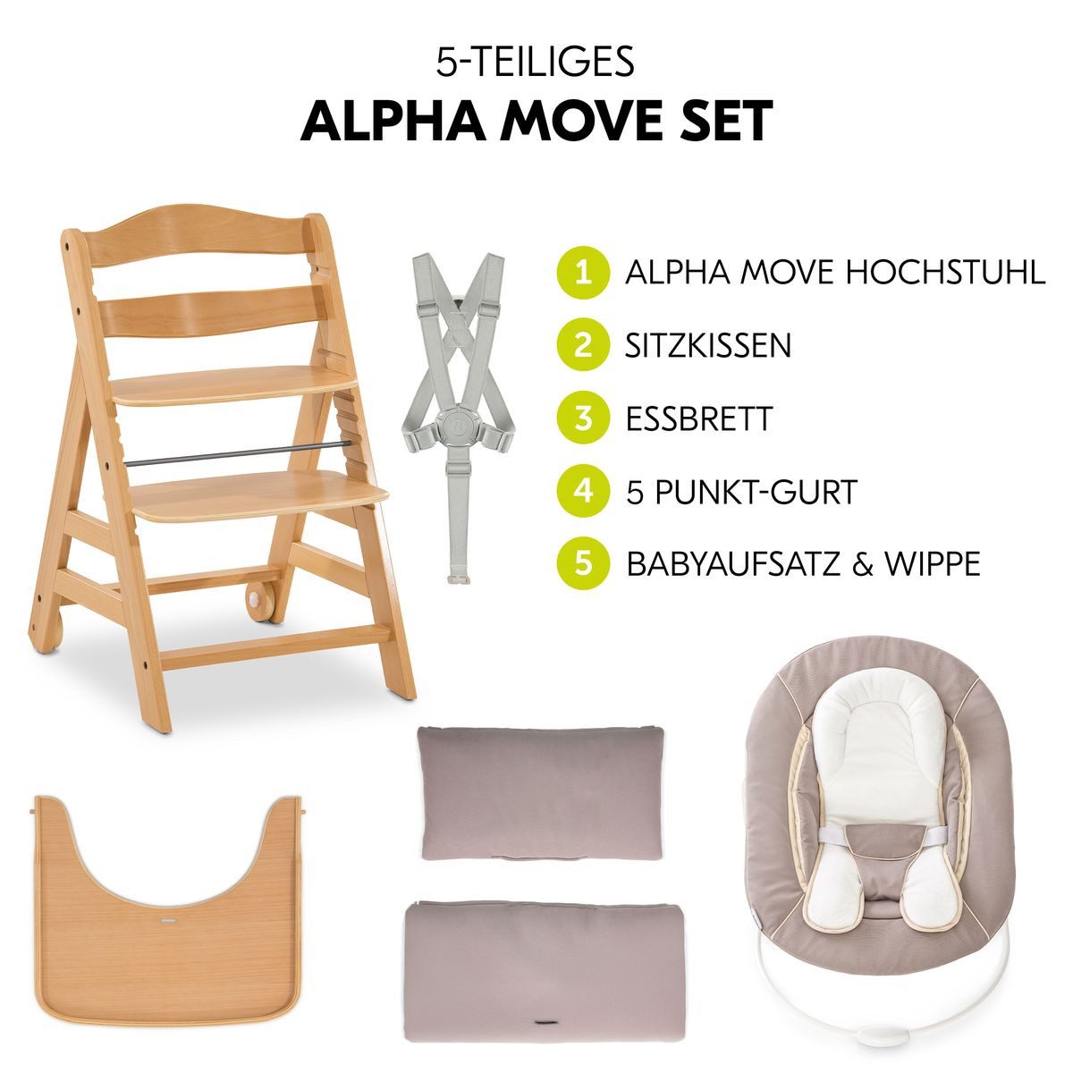 Hauck Hochstuhl Alpha Move Newborn Set - Natur, Holz Babystuhl ab Geburt mit Neugeborenenaufsatz, Sitzkissen, Essbrett