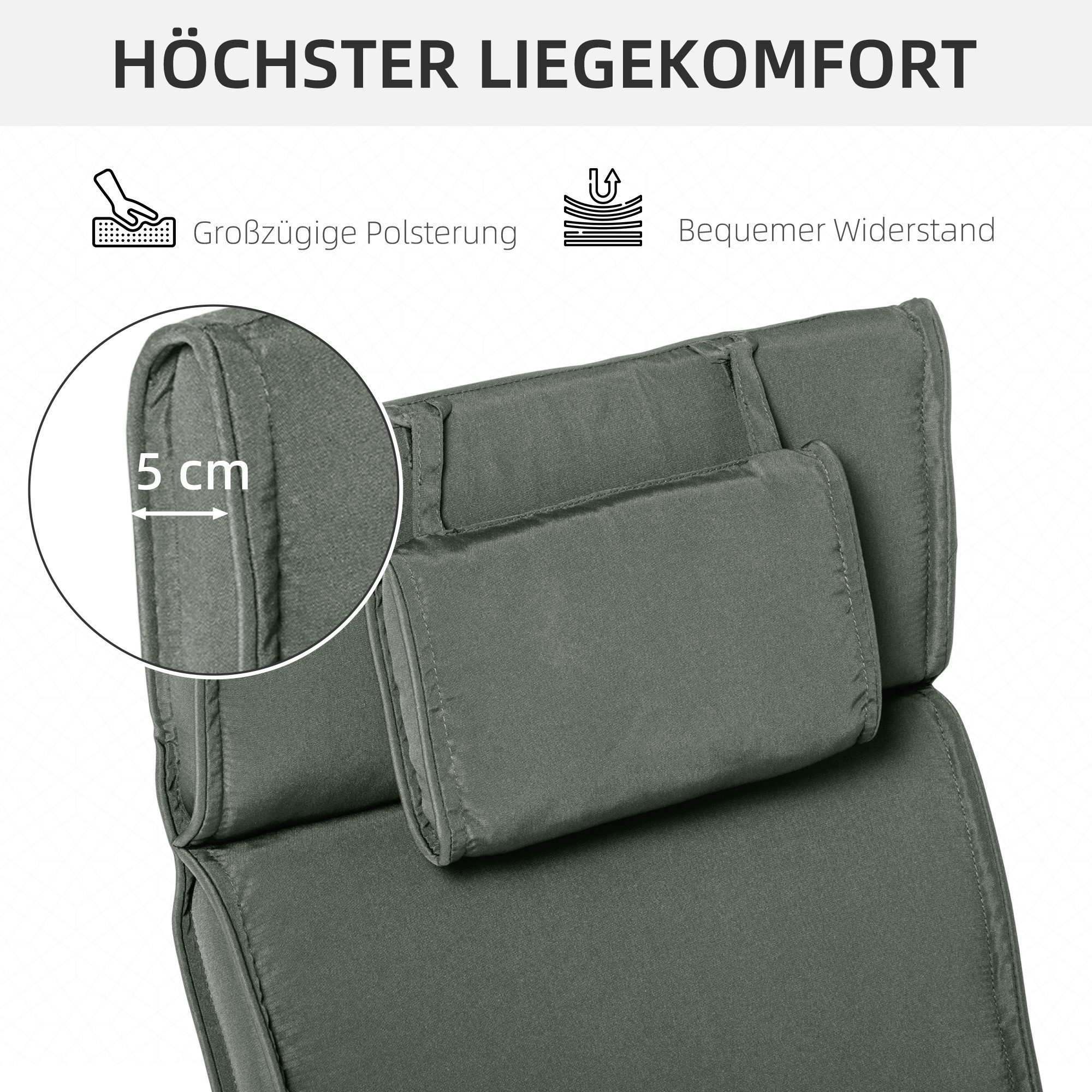 MC Star Liegenauflage Liegenpolster Gartenliege mit Kopfkissen abnehmbar Bezug, Polyester + Baumwollfaser Grau 198 x 53 x 5 cm
