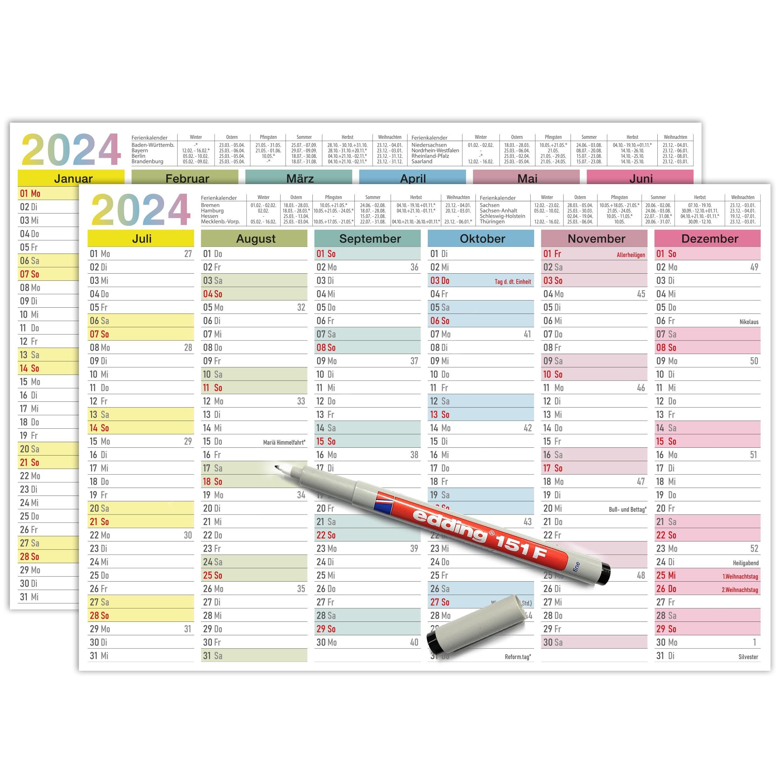 TOBJA Wandkalender 2024 A4 Tafelkalender Bunter Jahresplaner, abwischbar, wasserlöslich, inkl. 1 Stift. Kalender 2024 Wandkalender.