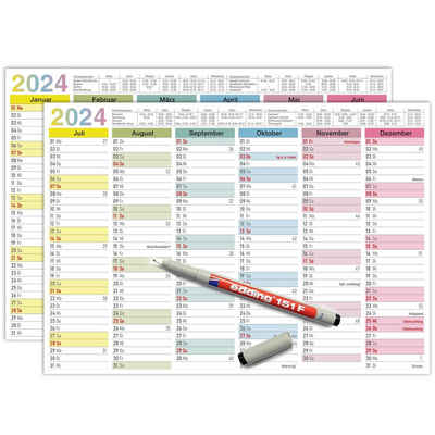 TOBJA Wandkalender 2024 A4 Tafelkalender Bunter Jahresplaner, abwischbar, wasserlöslich, inkl. 1 Stift. Kalender 2024 Wandkalender.
