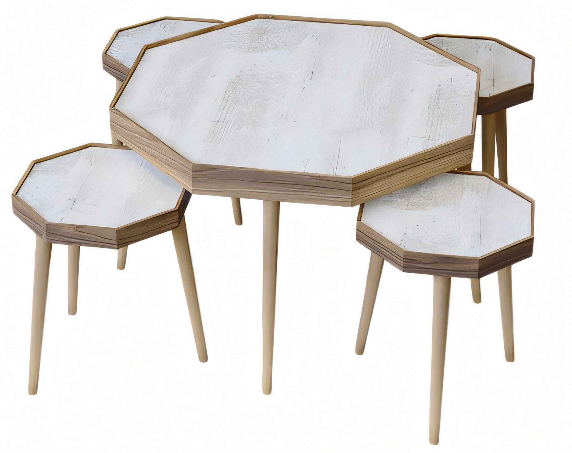 Xlmoebel Couchtisch Beistelltisch aus Holz in Beige, achteckig, modern (Set, 5-St., MaßeCouchtisch, Maße4x Beistelltische), Made in Europa