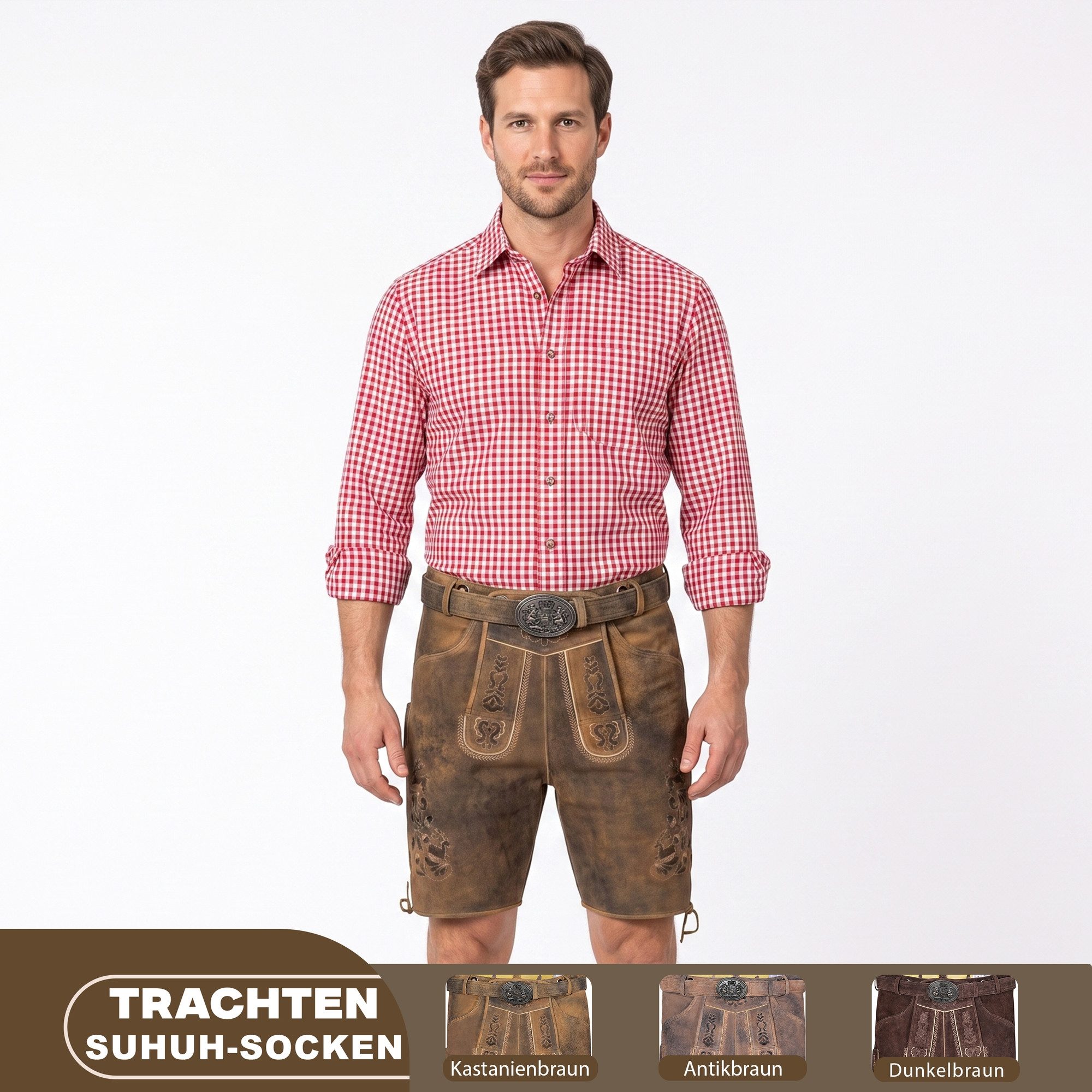 German Wear Trachtenlederhose GW722 kurze Lederhosen Hans 100% Nappa-Wildleder mit Gürtel