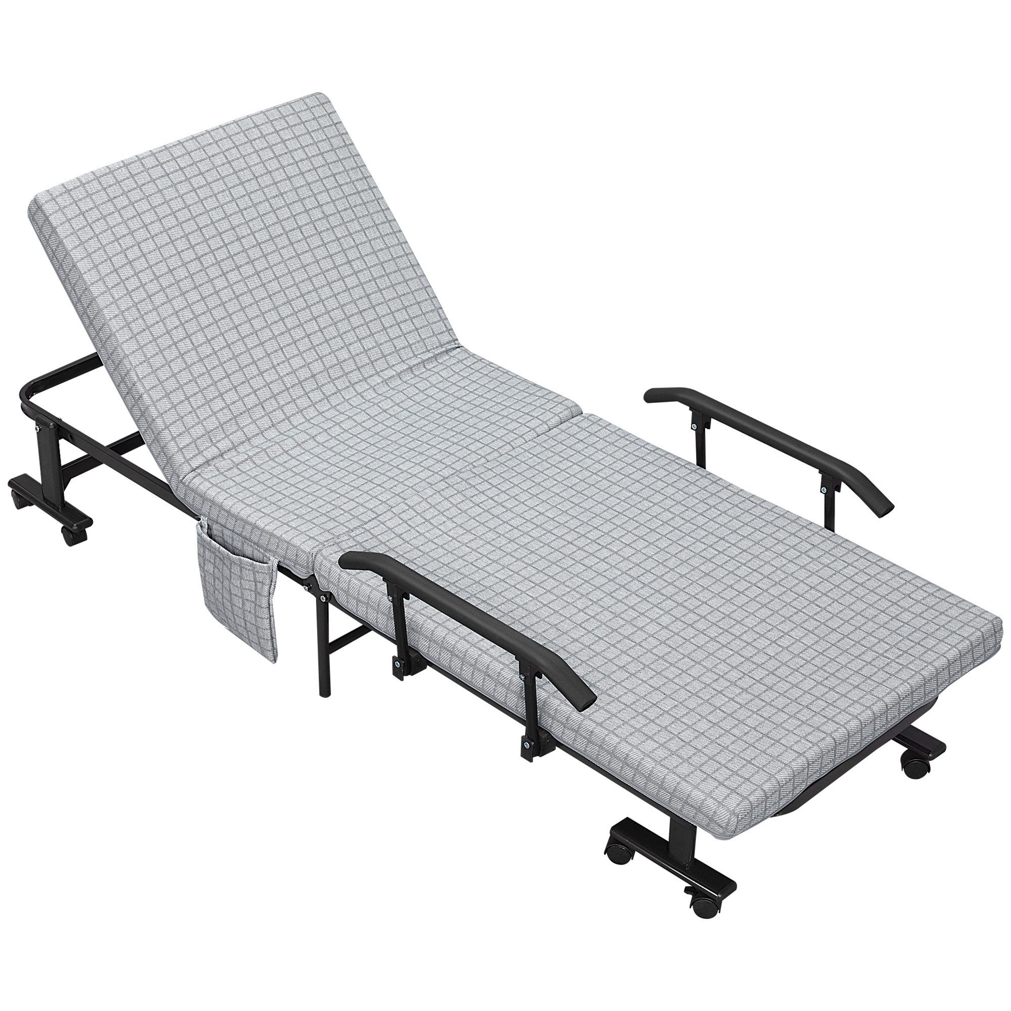 MODFU Gästebett 190x76x33 cm Klappbett in Hellgrau, Stahlrahmen, klappbar & rollbar (Packung, 1-St., 5-fach neigbare Rückenlehne – vielseitig als Liege & Gästebett nutzbar) Leichte & mobile Schlafmöglichkeit für Wohnung, Camping